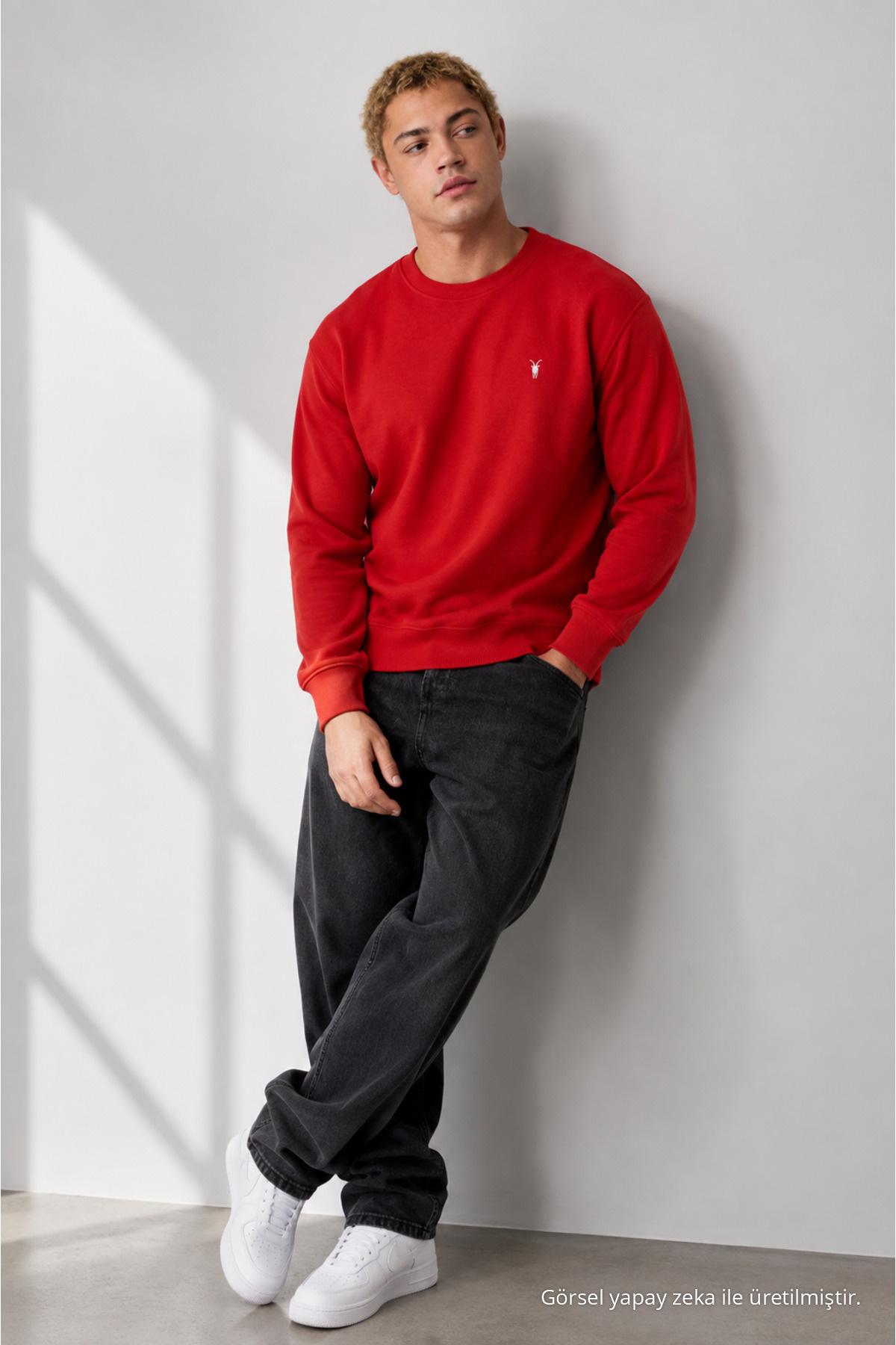 KIRMIZI Oversize Pamuklu Erkek Sweatshirt 6