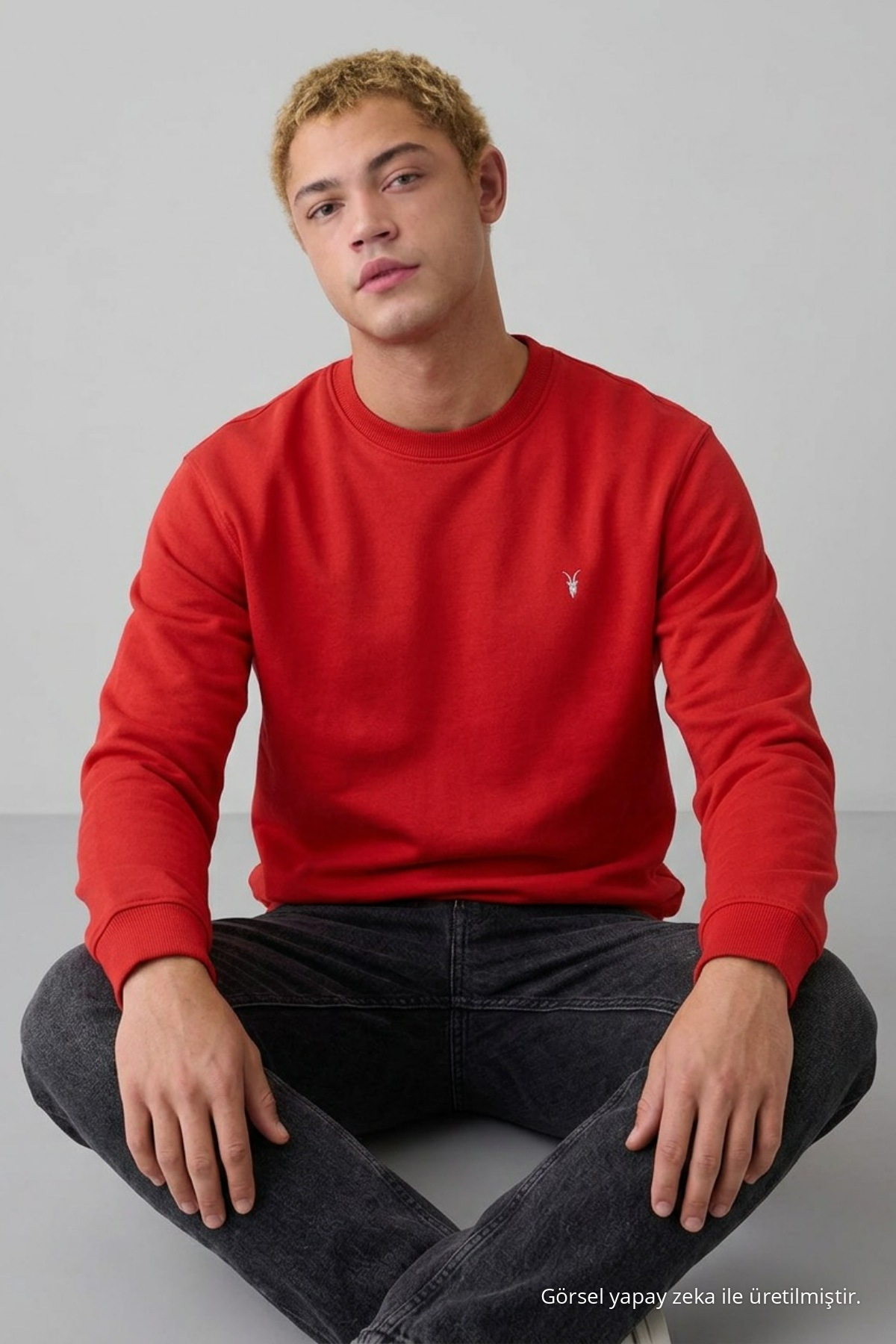 KIRMIZI Oversize Pamuklu Erkek Sweatshirt 3