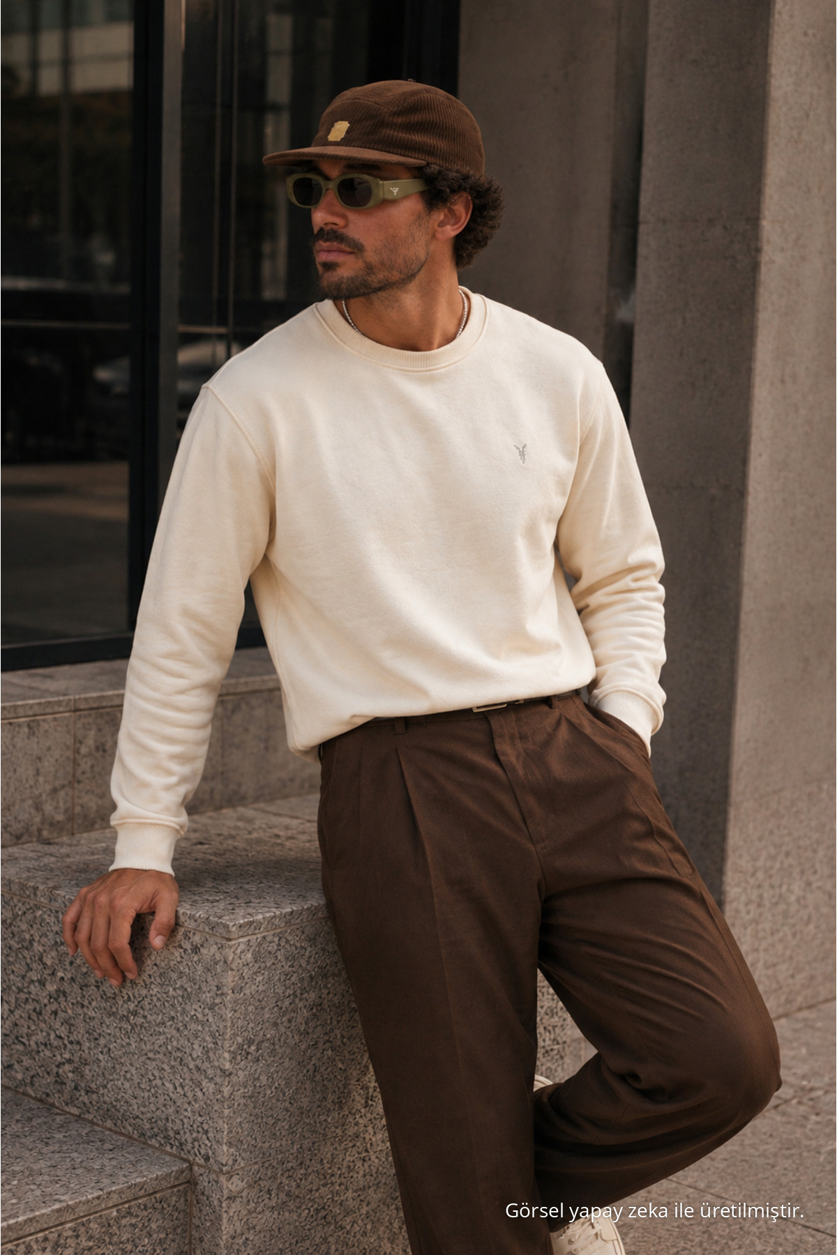 Ekru Bol Kesim Rahat Erkek Sweatshirt 4