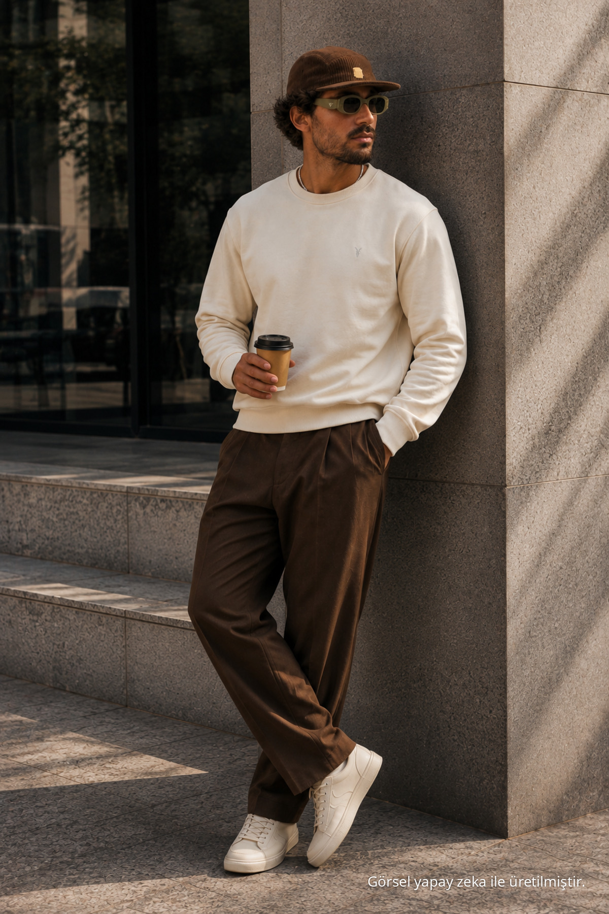 Ekru Bol Kesim Rahat Erkek Sweatshirt 3