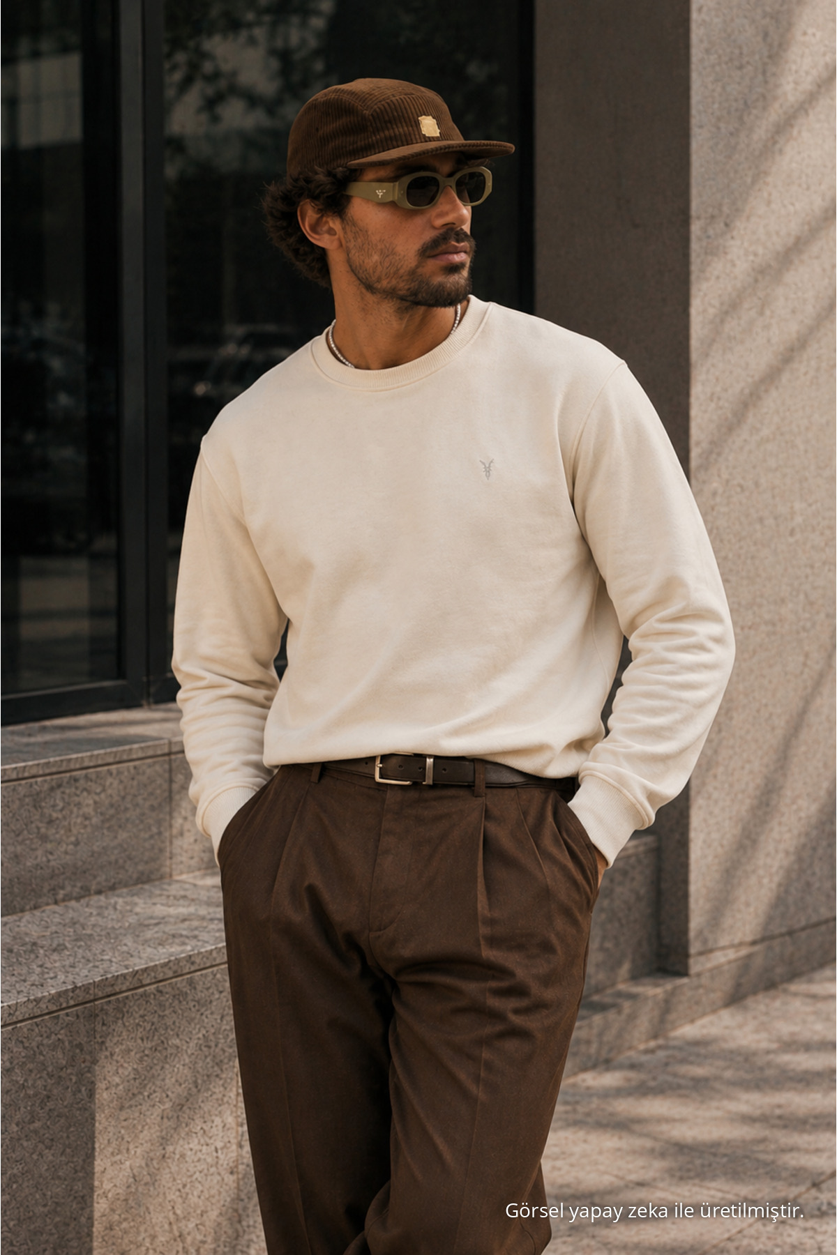 Ekru Bol Kesim Rahat Erkek Sweatshirt 6