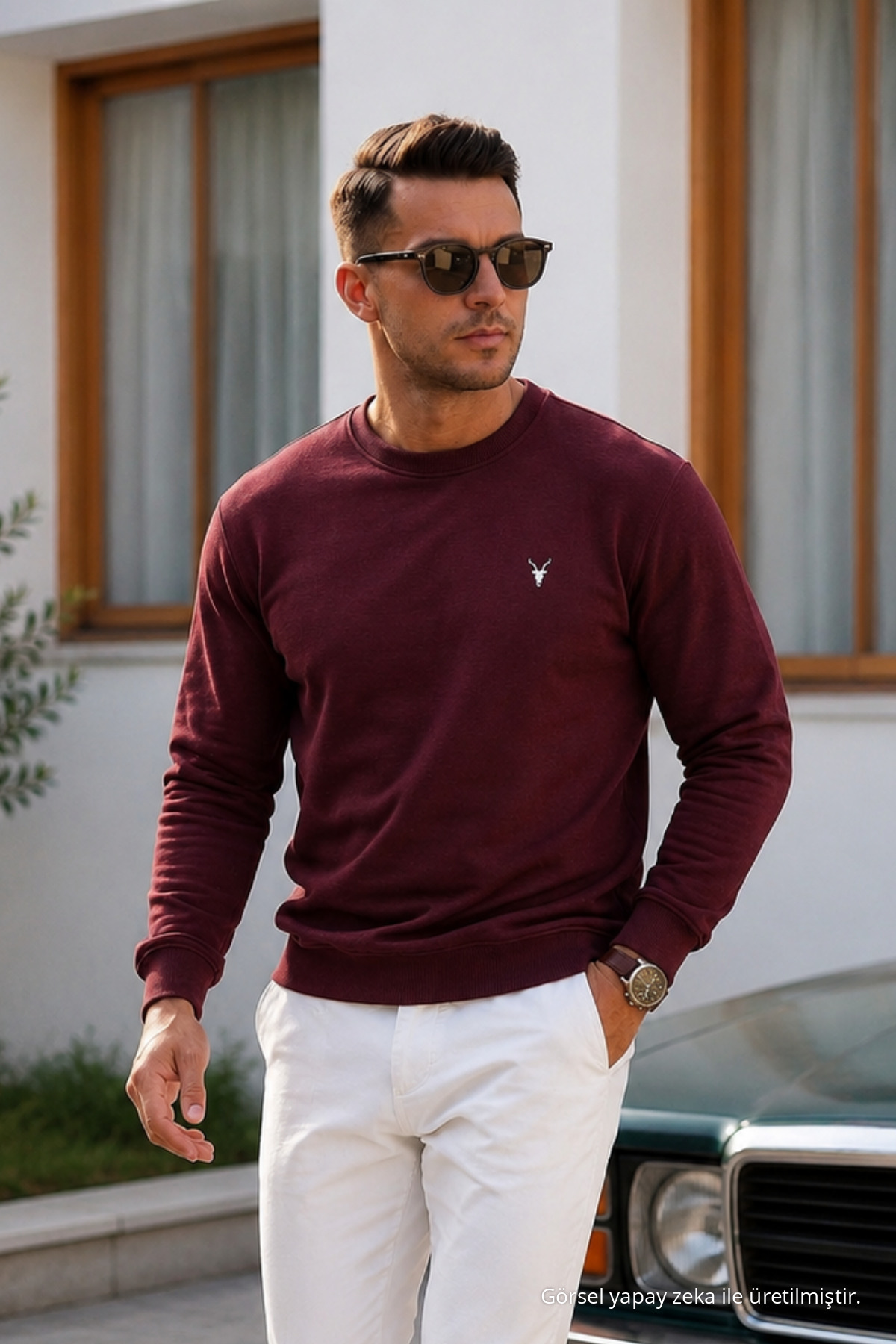 Bordo Düz Kol Düzenli Erkek Sweatshirt 5