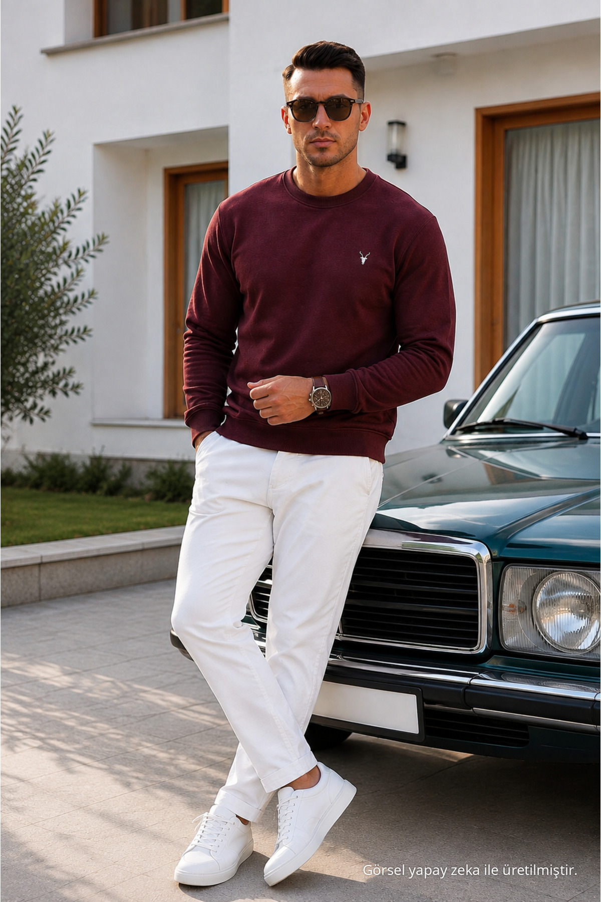 Bordo Düz Kol Düzenli Erkek Sweatshirt 4