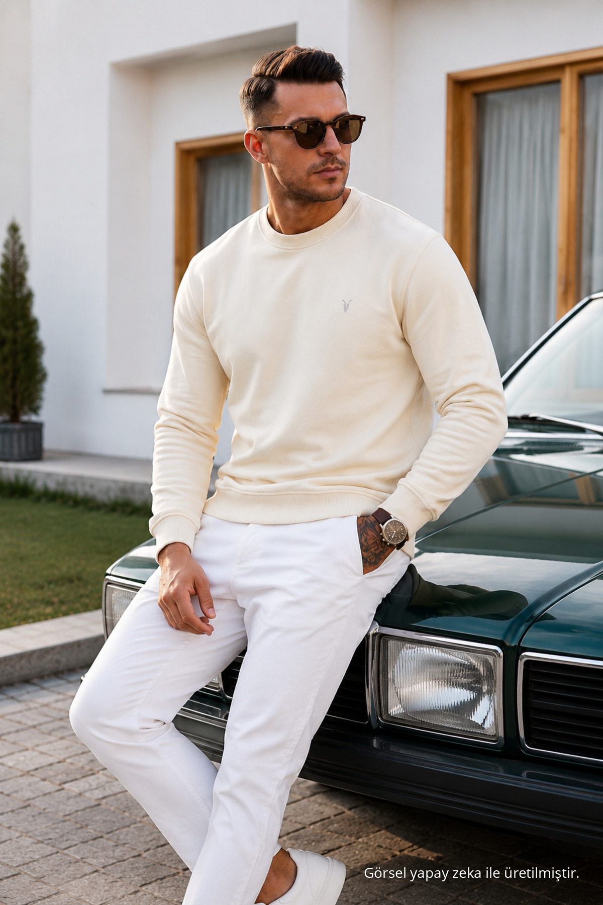 Ekru Düz Kol Düzenli Erkek Sweatshirt 5