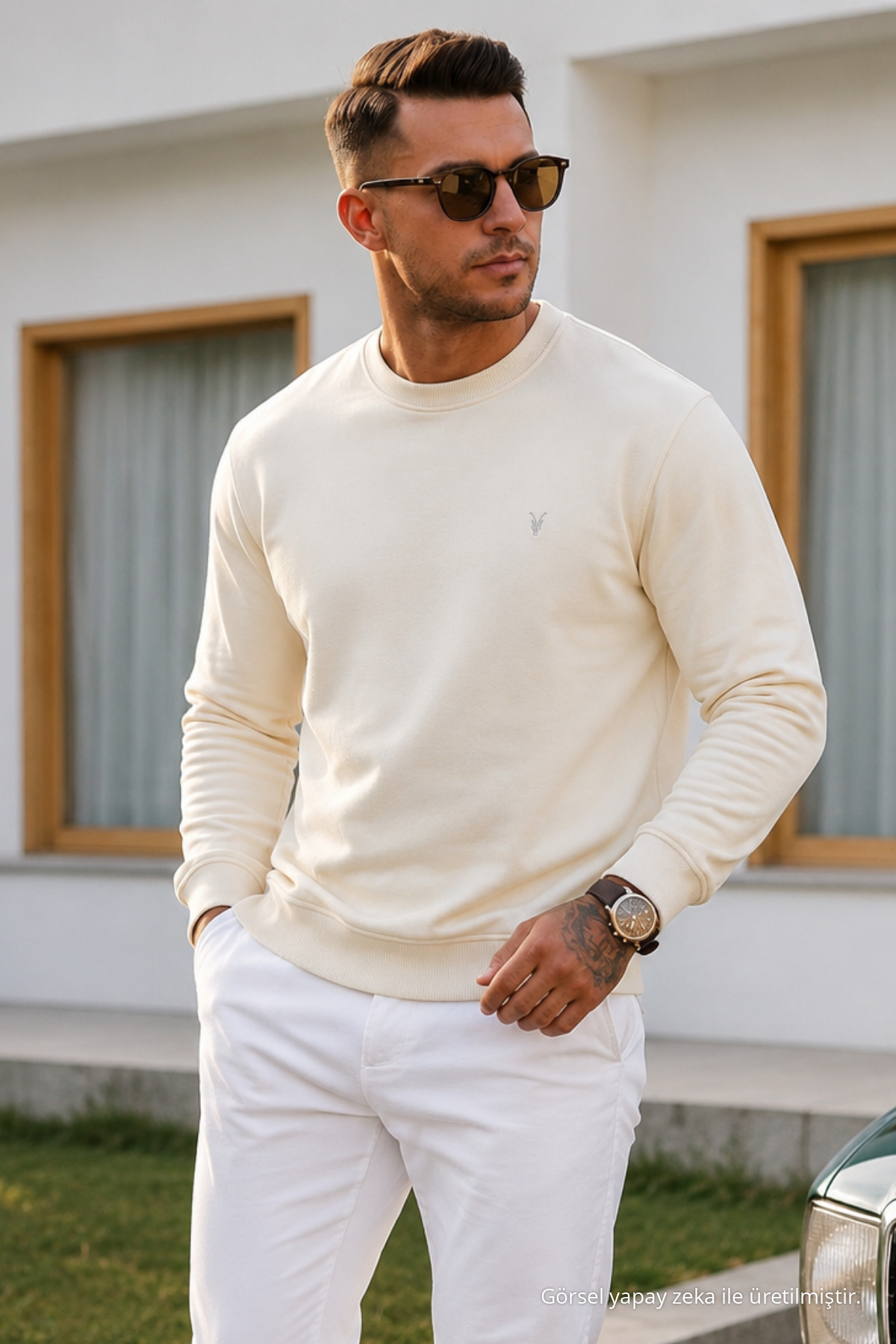 Ekru Düz Kol Düzenli Erkek Sweatshirt 4