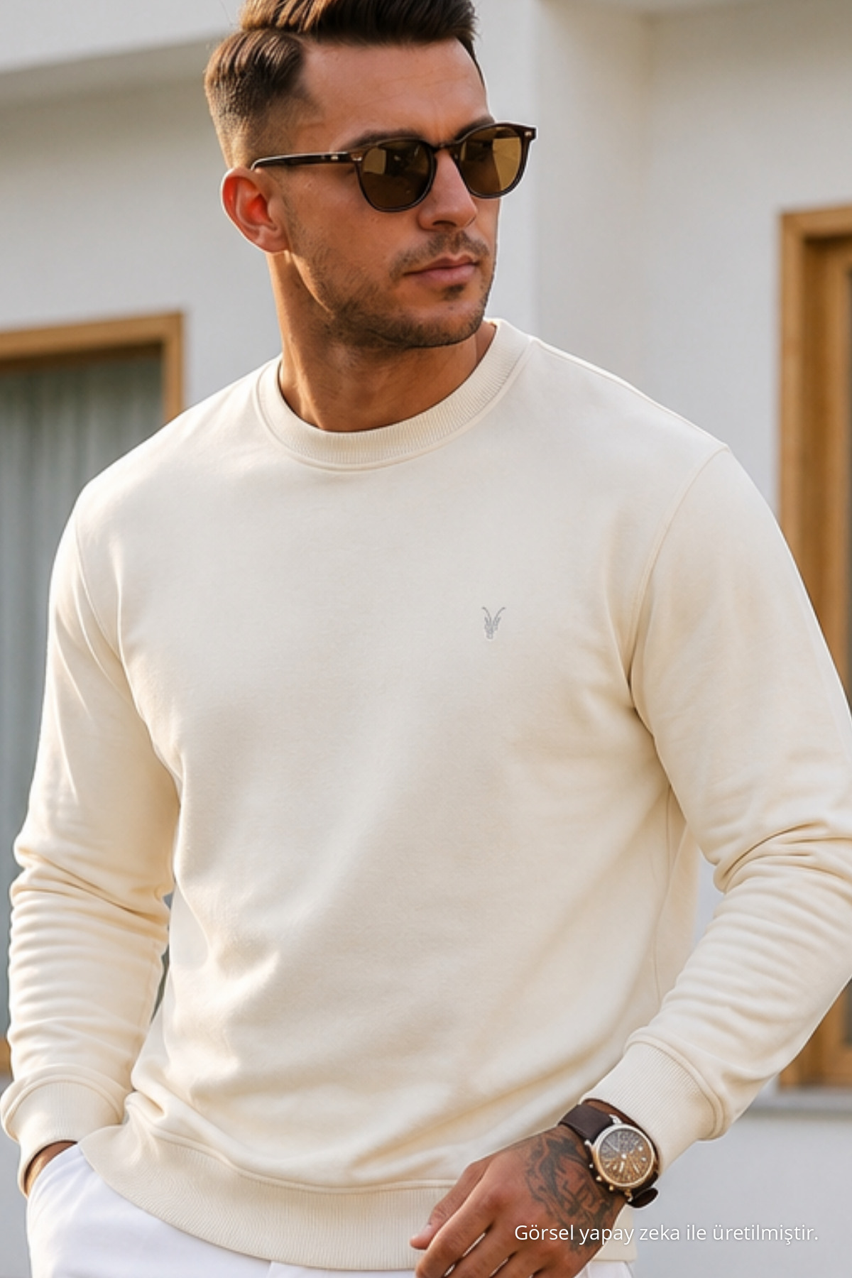 Ekru Düz Kol Düzenli Erkek Sweatshirt 6