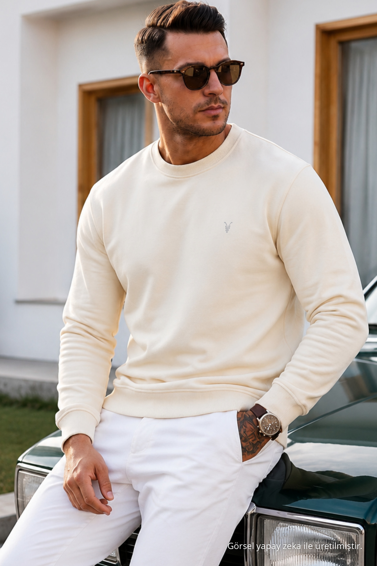 Ekru Düz Kol Düzenli Erkek Sweatshirt 3