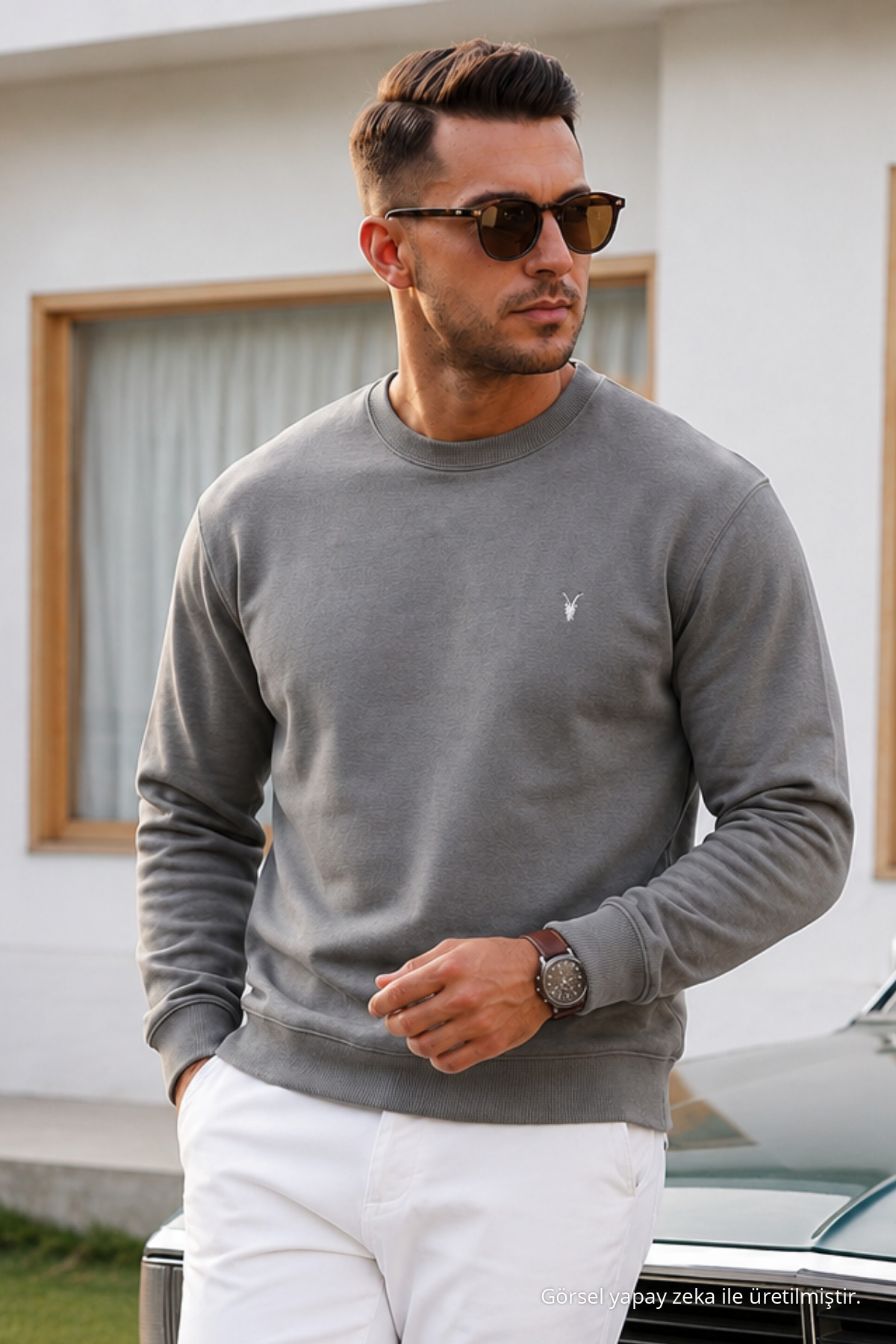 GRİ Düz Kol Düzenli Erkek Sweatshirt 3