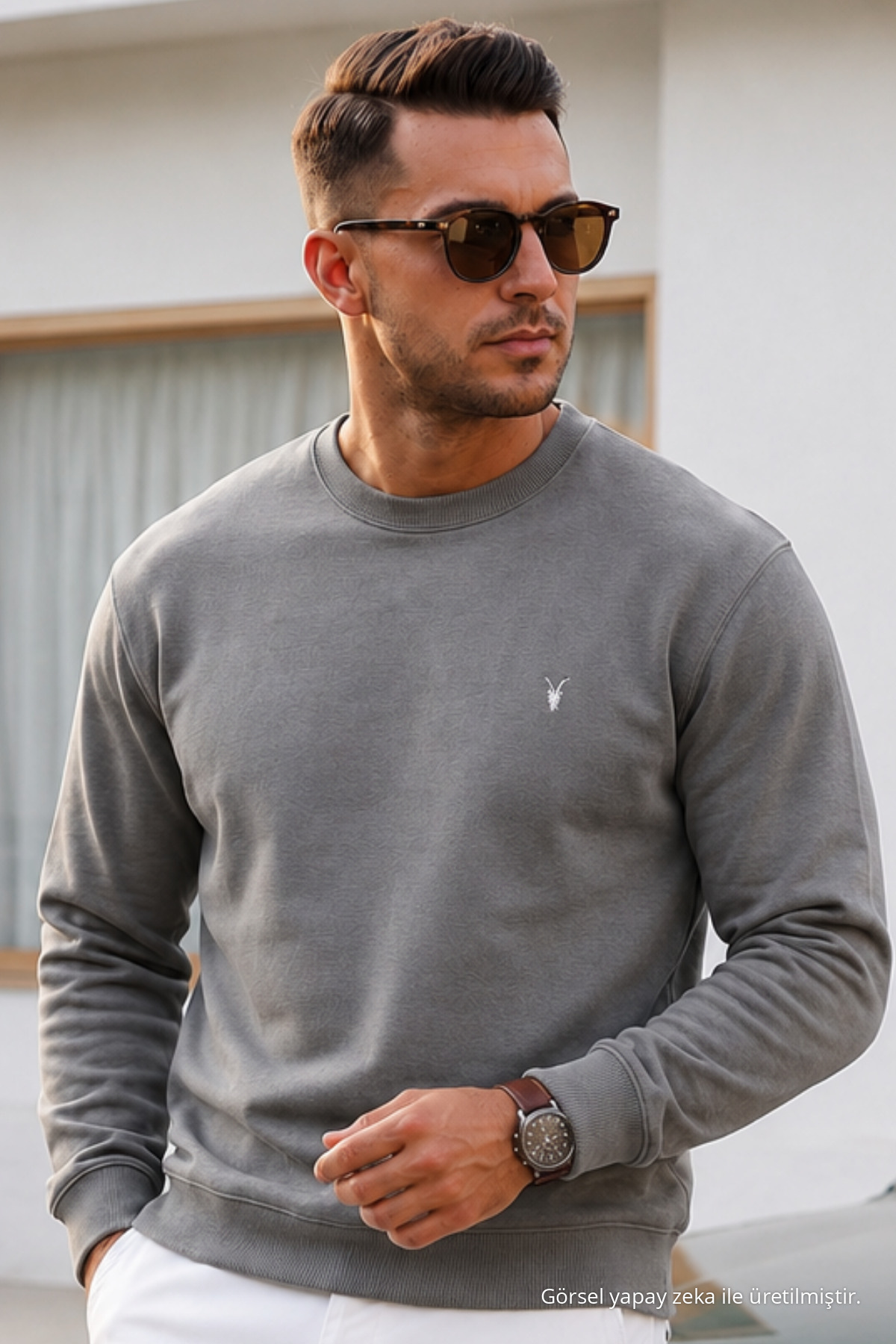 GRİ Düz Kol Düzenli Erkek Sweatshirt 6