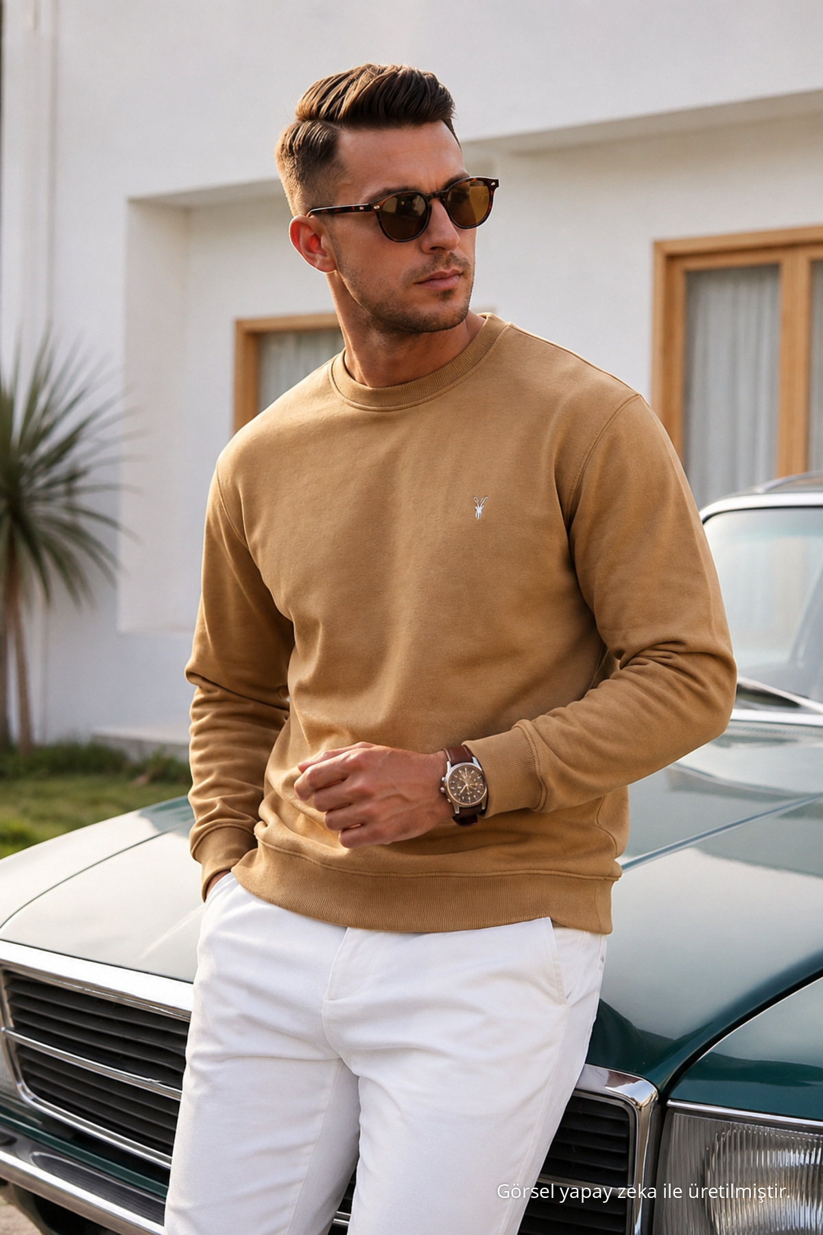 Karamel Düz Kol Düzenli Erkek Sweatshirt 3