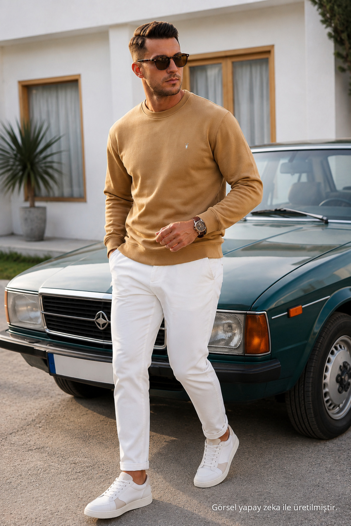 Karamel Düz Kol Düzenli Erkek Sweatshirt 4