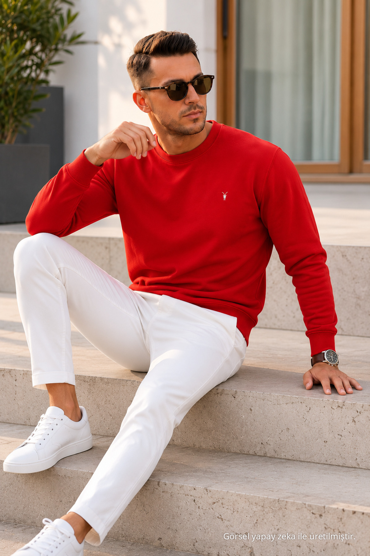 KIRMIZI Düz Kol Düzenli Erkek Sweatshirt 5