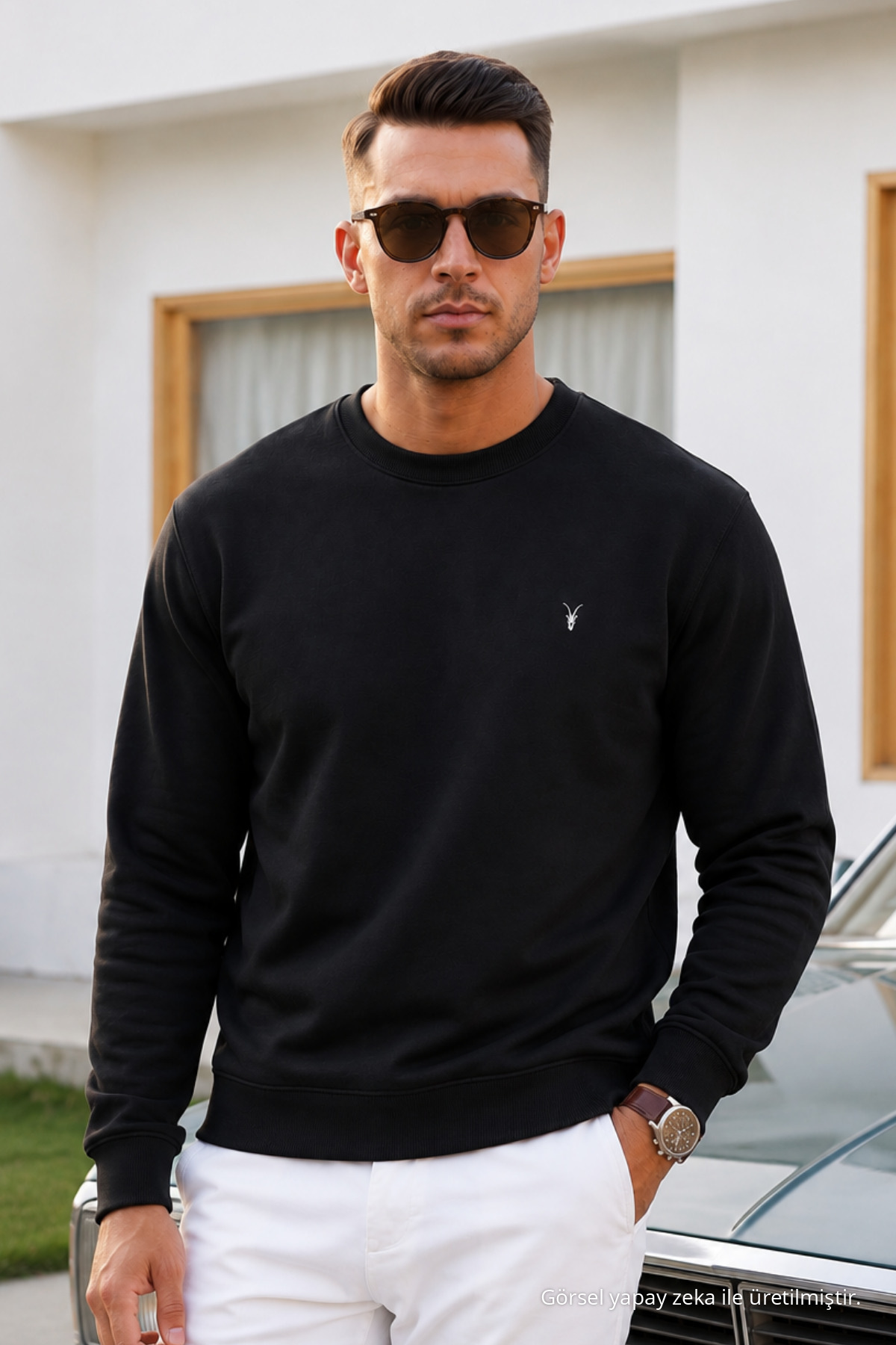 SİYAH Düz Kol Düzenli Erkek Sweatshirt 5