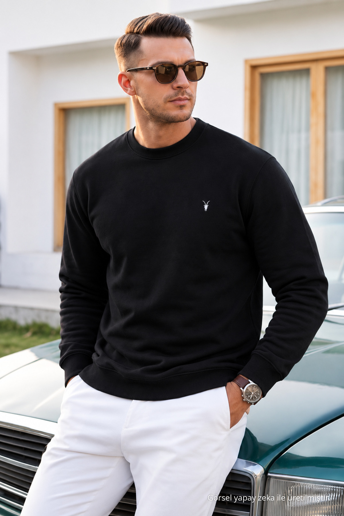 SİYAH Düz Kol Düzenli Erkek Sweatshirt 4