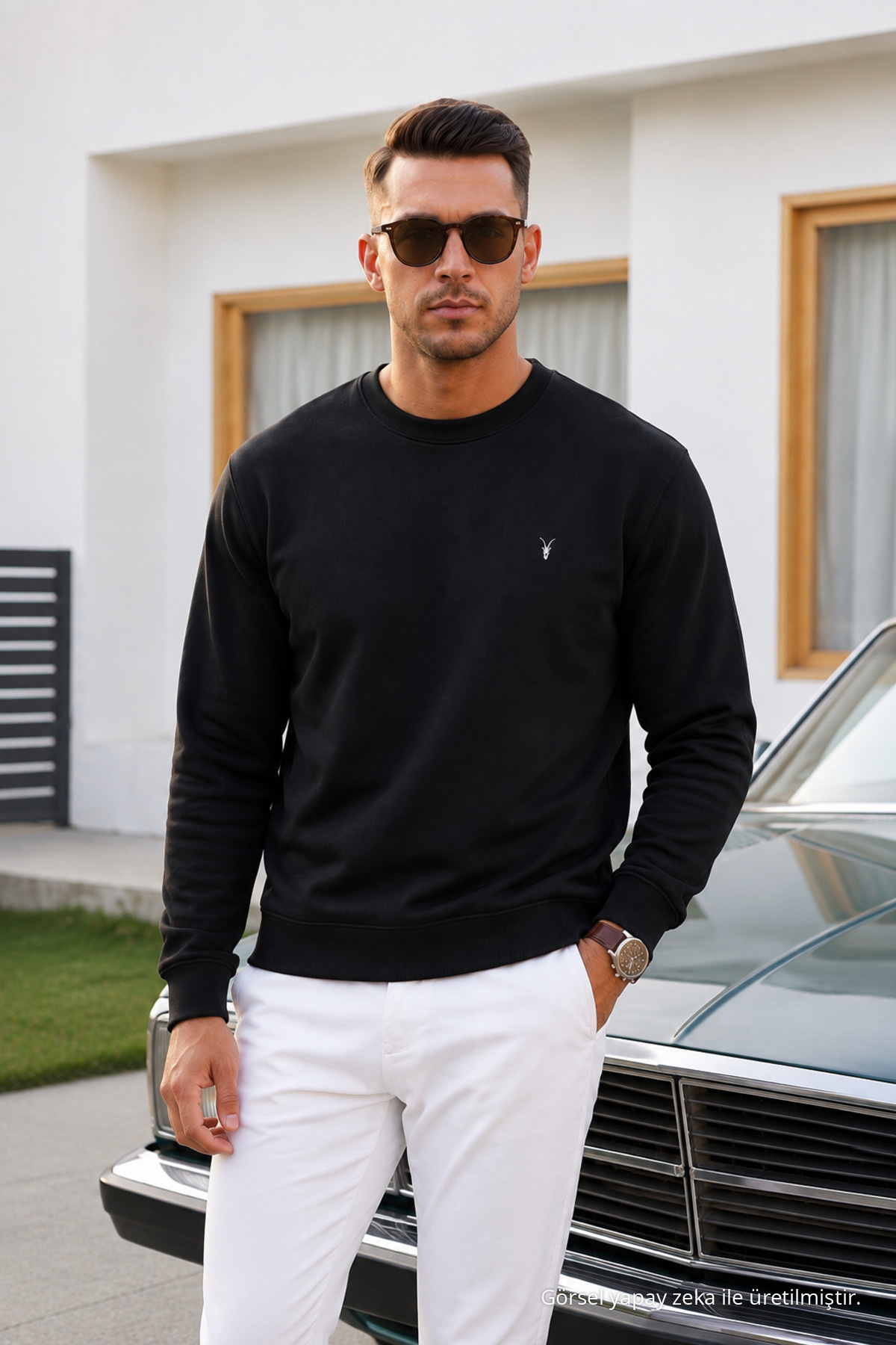 SİYAH Düz Kol Düzenli Erkek Sweatshirt 3