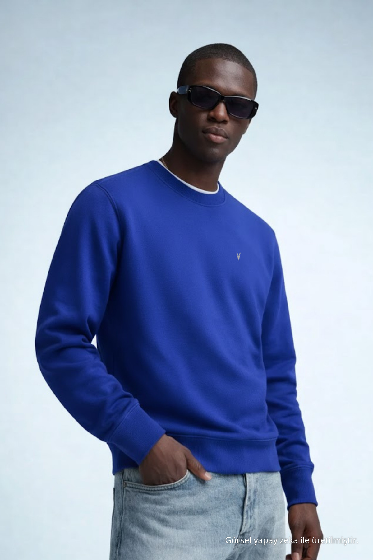 Erkek Nakışlı Parlak MAVİ Sweatshirt 6