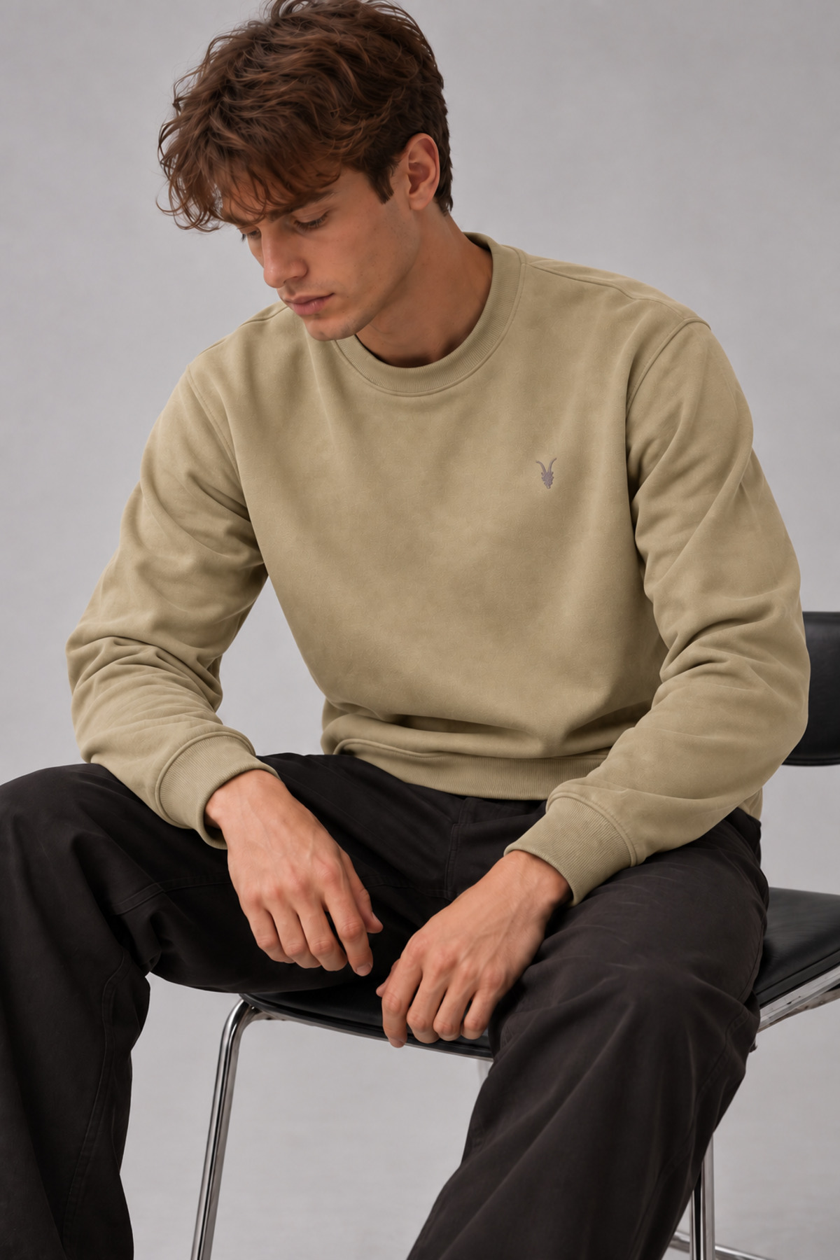 Bej Rengi Erkek Bisiklet Yaka Sweatshirt 5