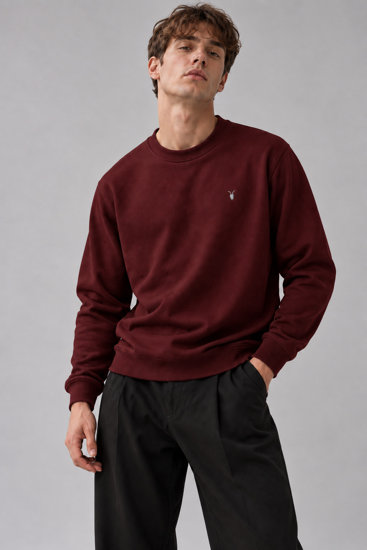 Bordo Renk Basic Bisiklet Yaka Relaxed Regular Fit Erkek Sweatshirt 4