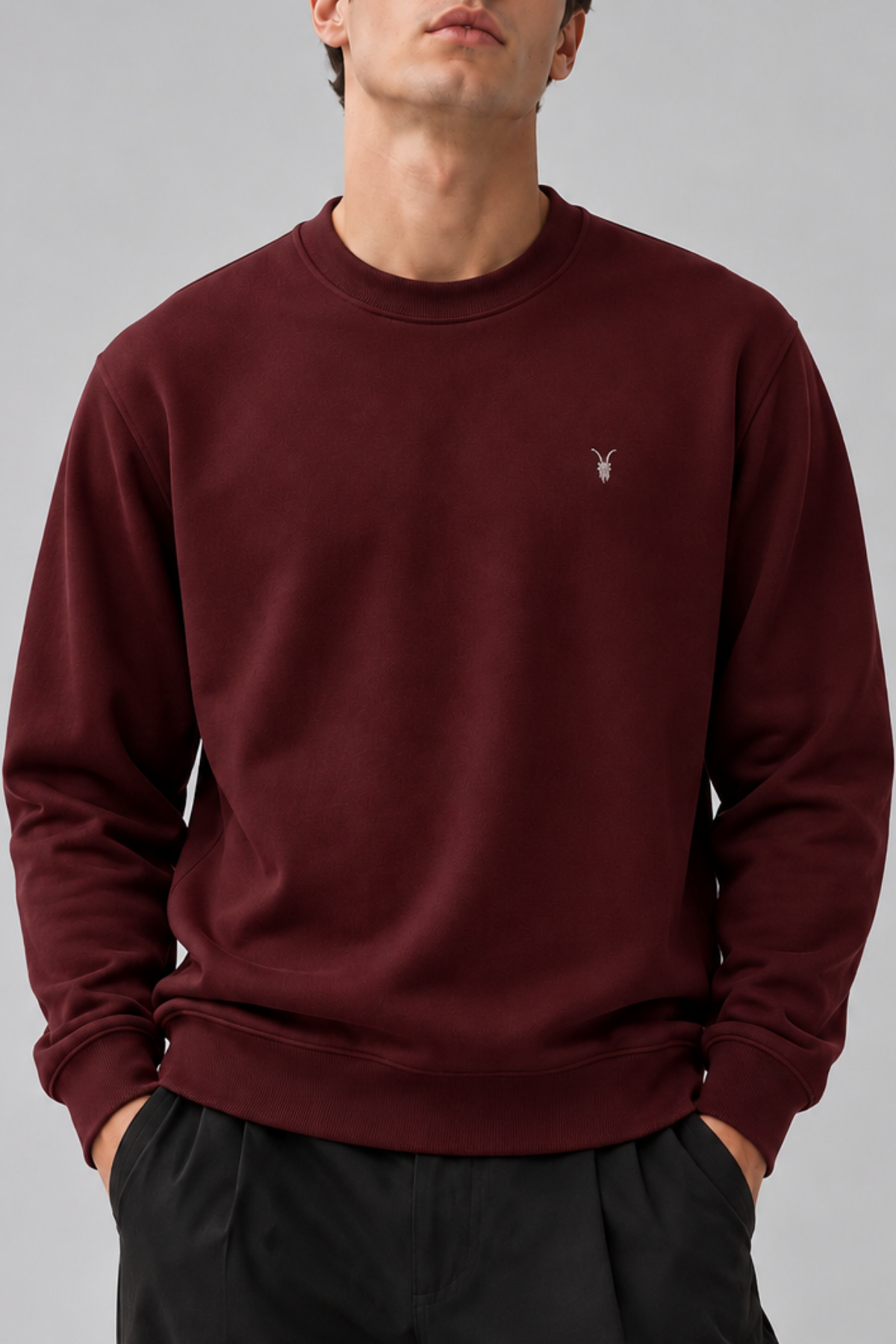 Bordo Renk Basic Bisiklet Yaka Relaxed Regular Fit Erkek Sweatshirt 6