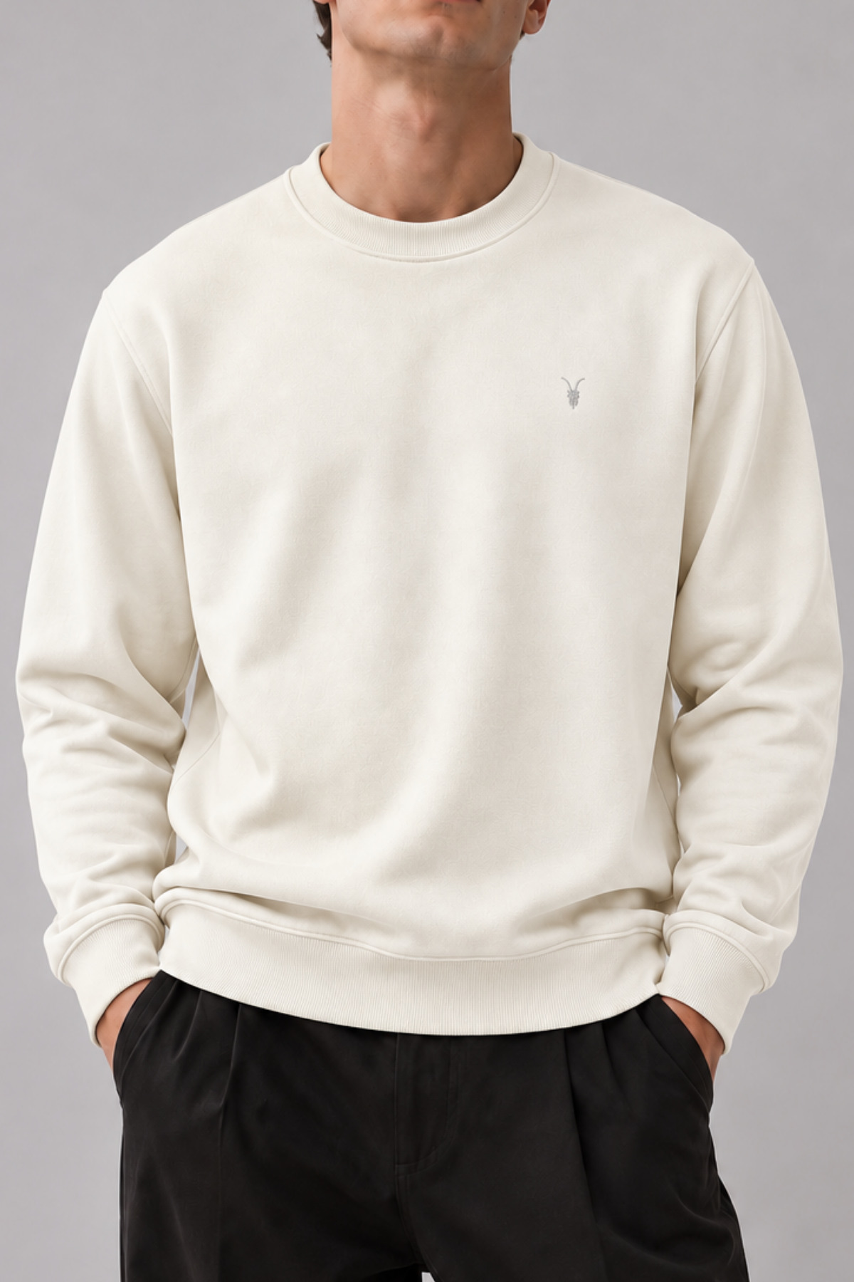 Ekru Renk Basic Bisiklet Yaka Erkek Sweatshirt 6