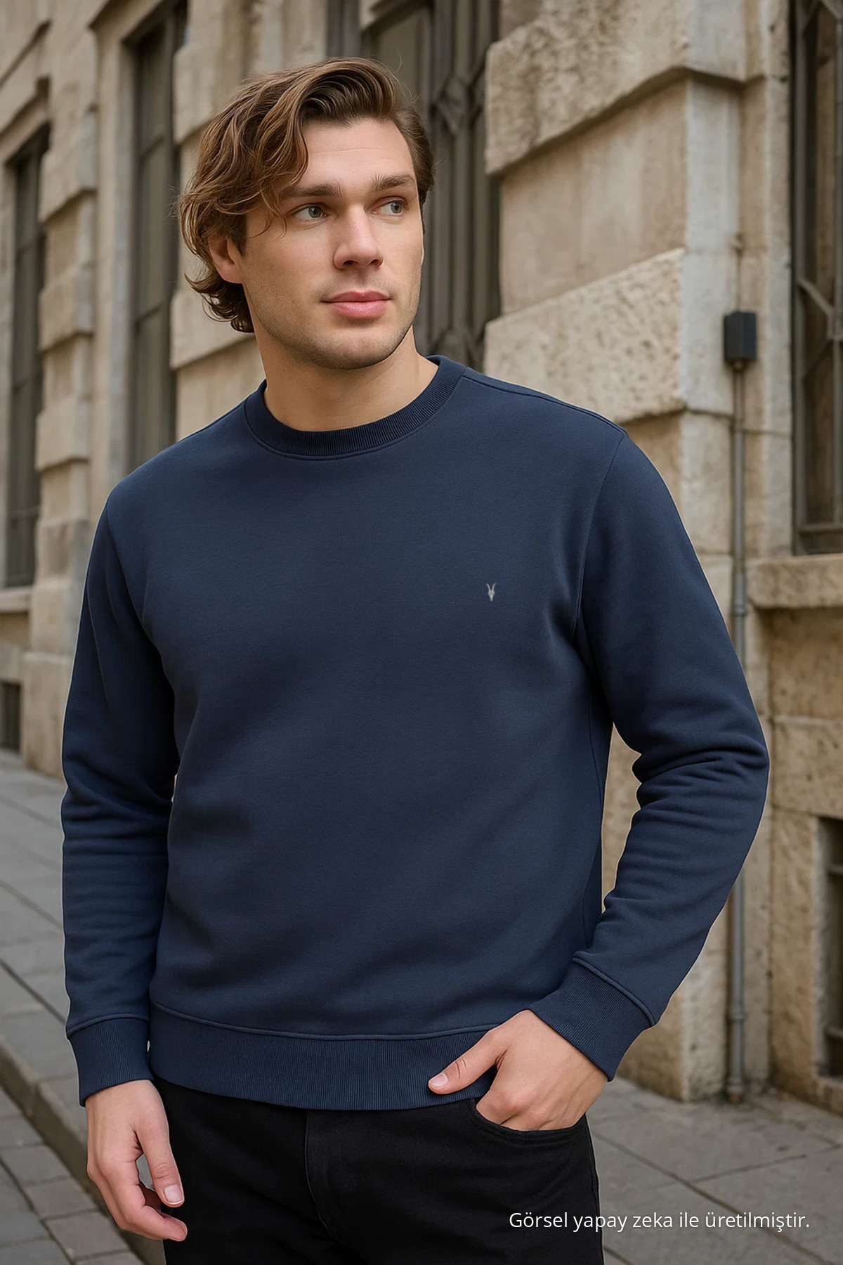 Füme Renk Basic Bisiklet Yaka Erkek Sweatshirt 3