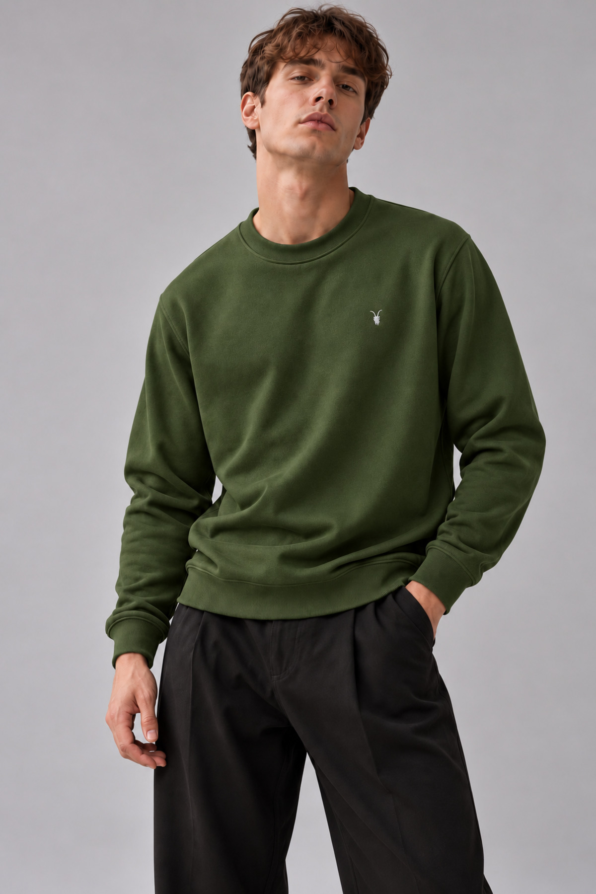 Haki Renk Basic Bisiklet Yaka Relaxed Regular Erkek Sweatshirt - HAKİ 4