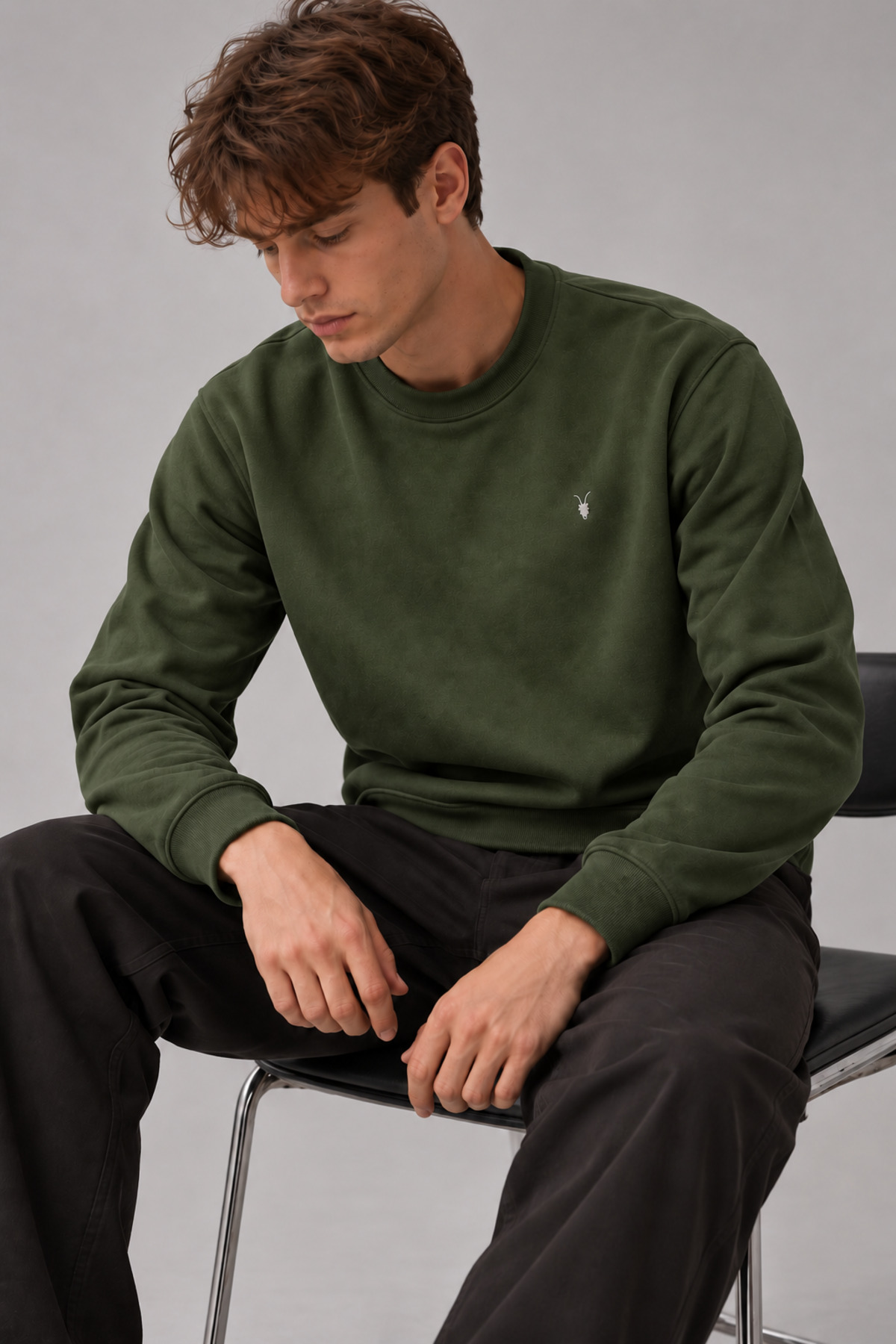 Haki Renk Basic Bisiklet Yaka Relaxed Regular Erkek Sweatshirt - HAKİ 5