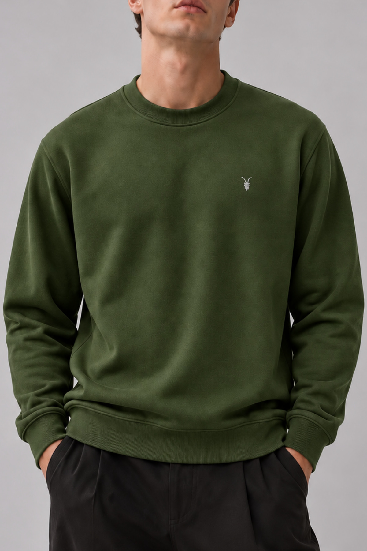 Haki Renk Basic Bisiklet Yaka Relaxed Regular Erkek Sweatshirt - HAKİ 6