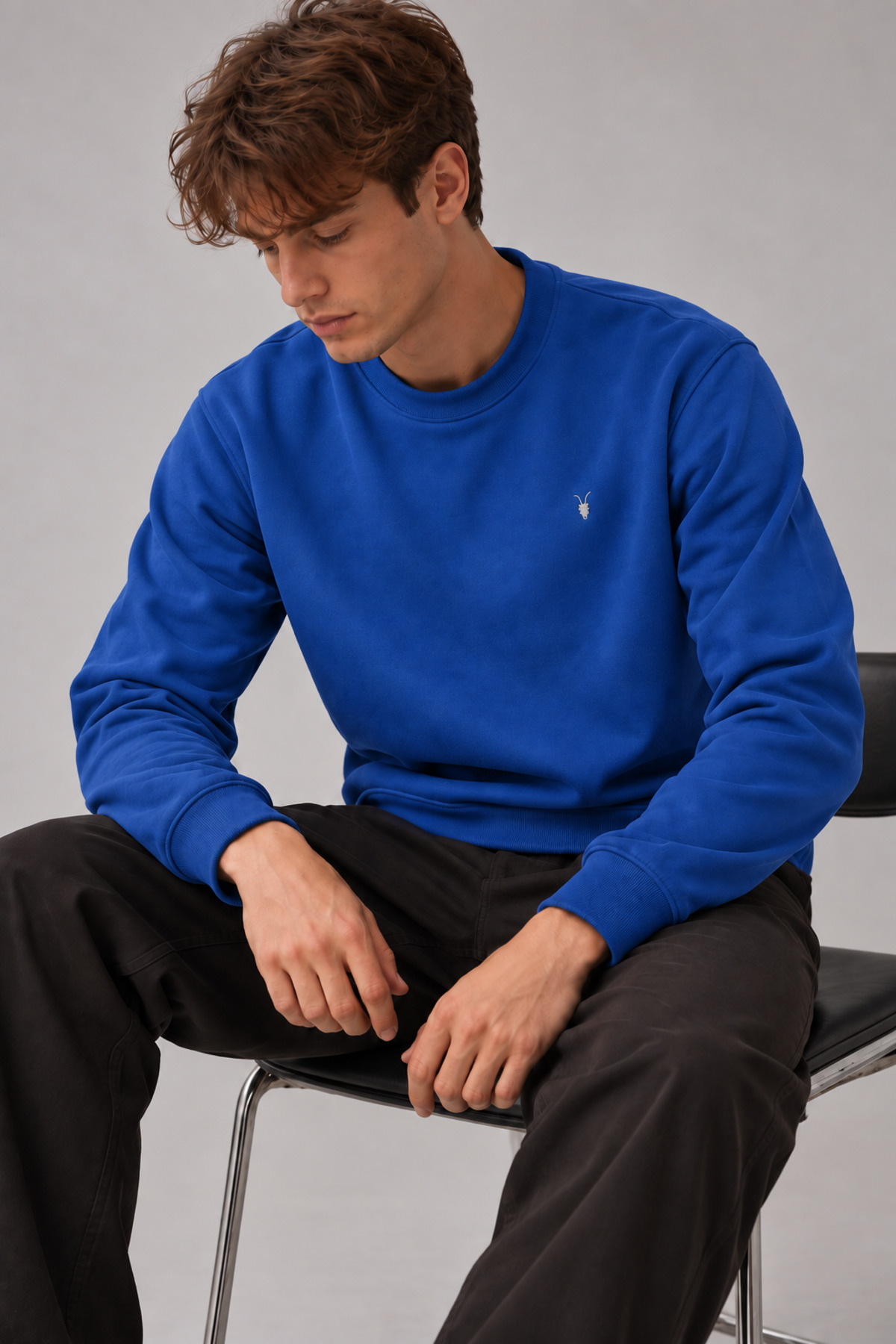 Indigo Renk Basic Bisiklet Yaka Erkek Sweatshirt İNDİGO 5