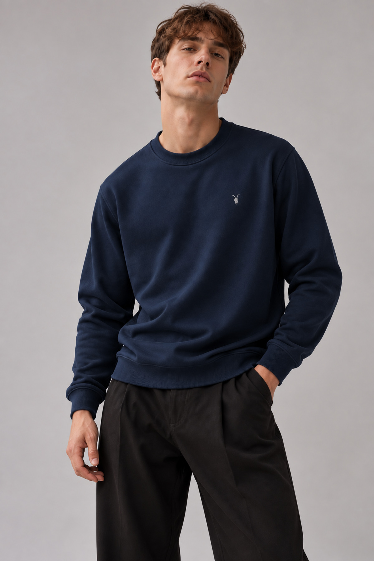LACİVERT Renk Basic Bisiklet Yaka Erkek Sweatshirt 4