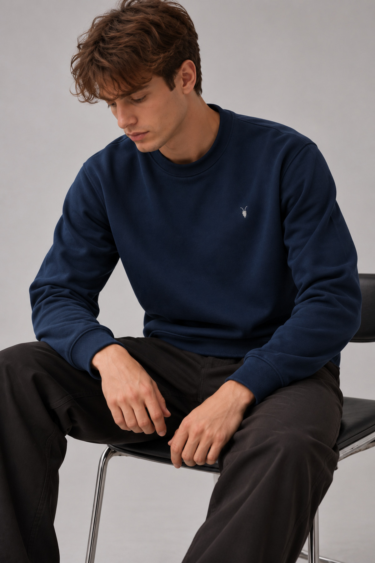 LACİVERT Renk Basic Bisiklet Yaka Erkek Sweatshirt 5
