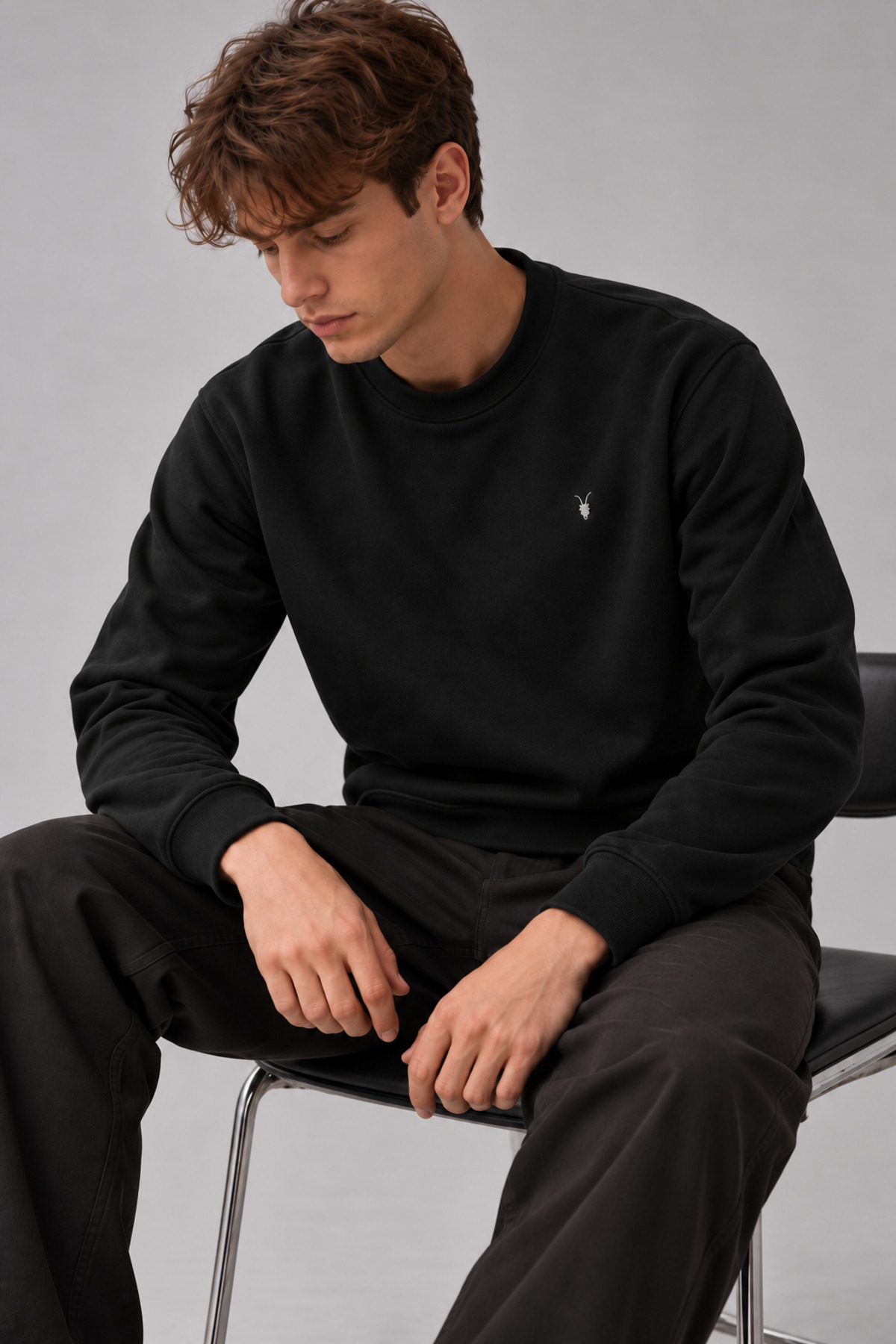 SİYAH Renk Basic Bisiklet Yaka Erkek Sweatshirt 5
