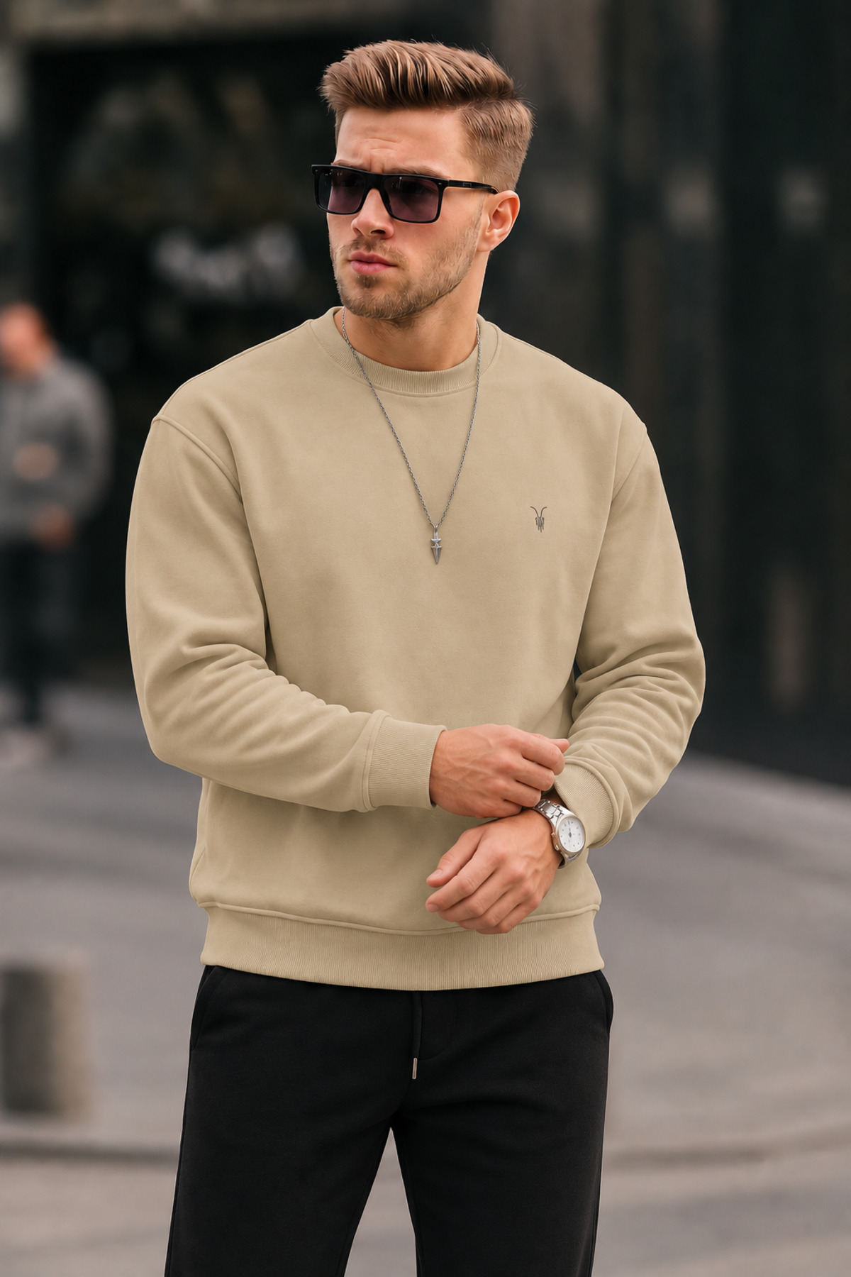 Erkek Bisiklet Yaka Relaxed Bejj Sweatshirt 3