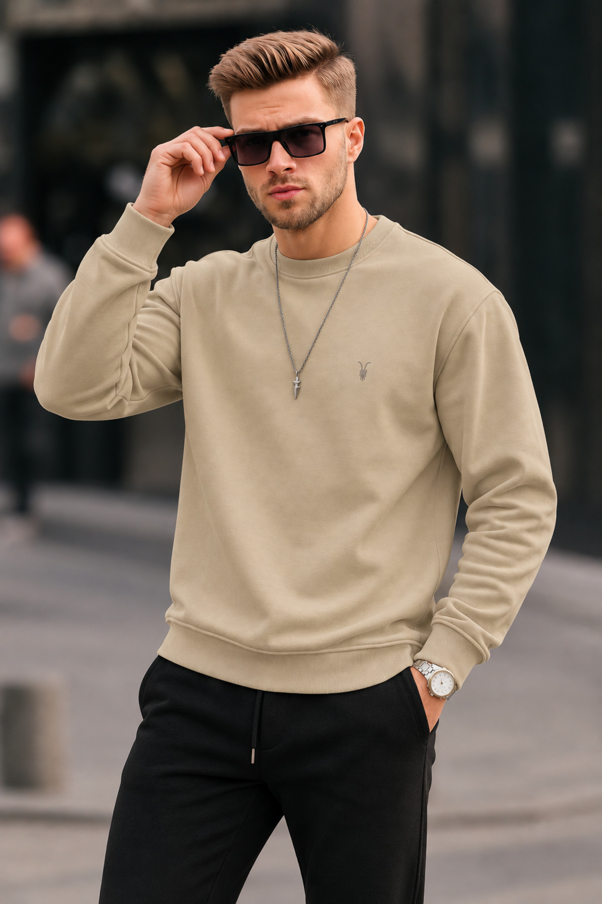 Erkek Bisiklet Yaka Relaxed Bejj Sweatshirt 4