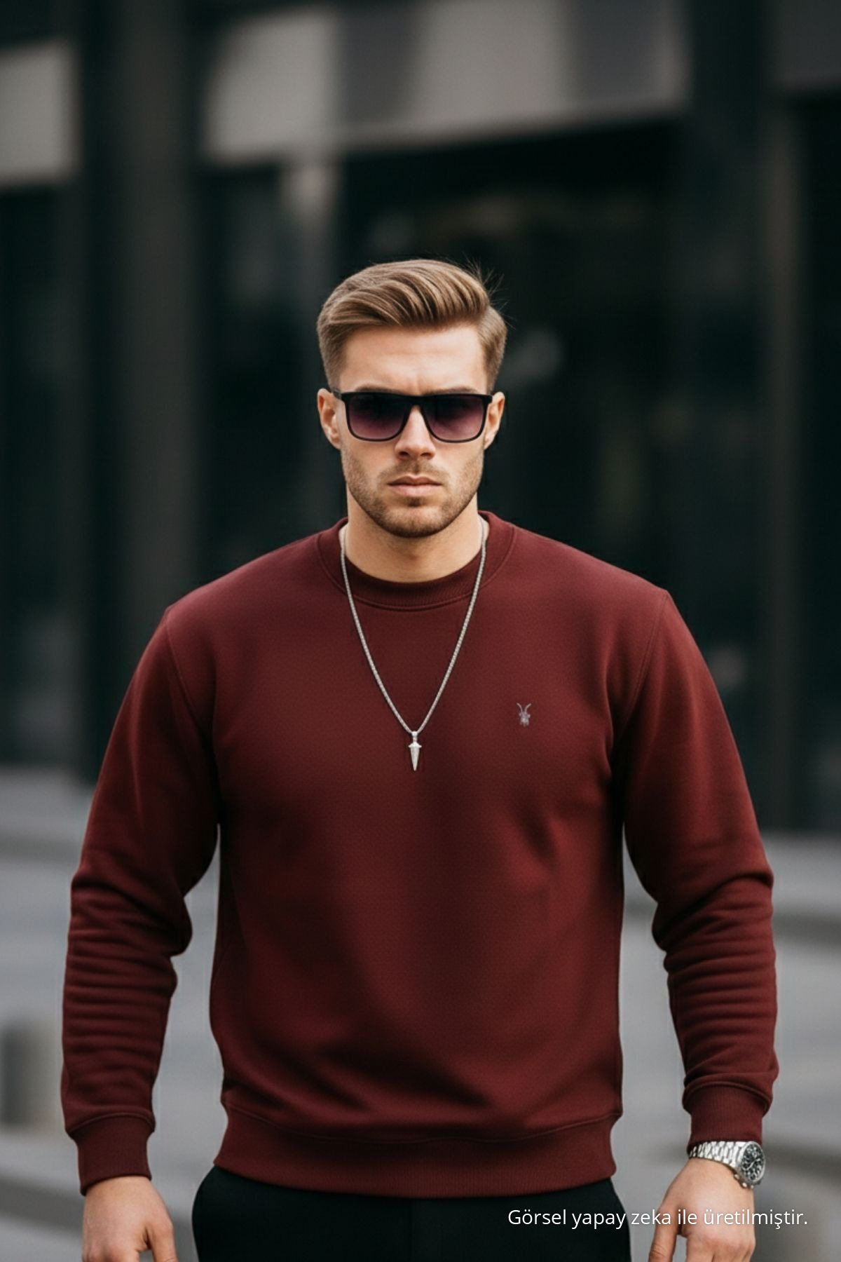 Bordo Renk Basic Bisiklet Yaka Relaxed Regular Erkek Sweatshirt 4