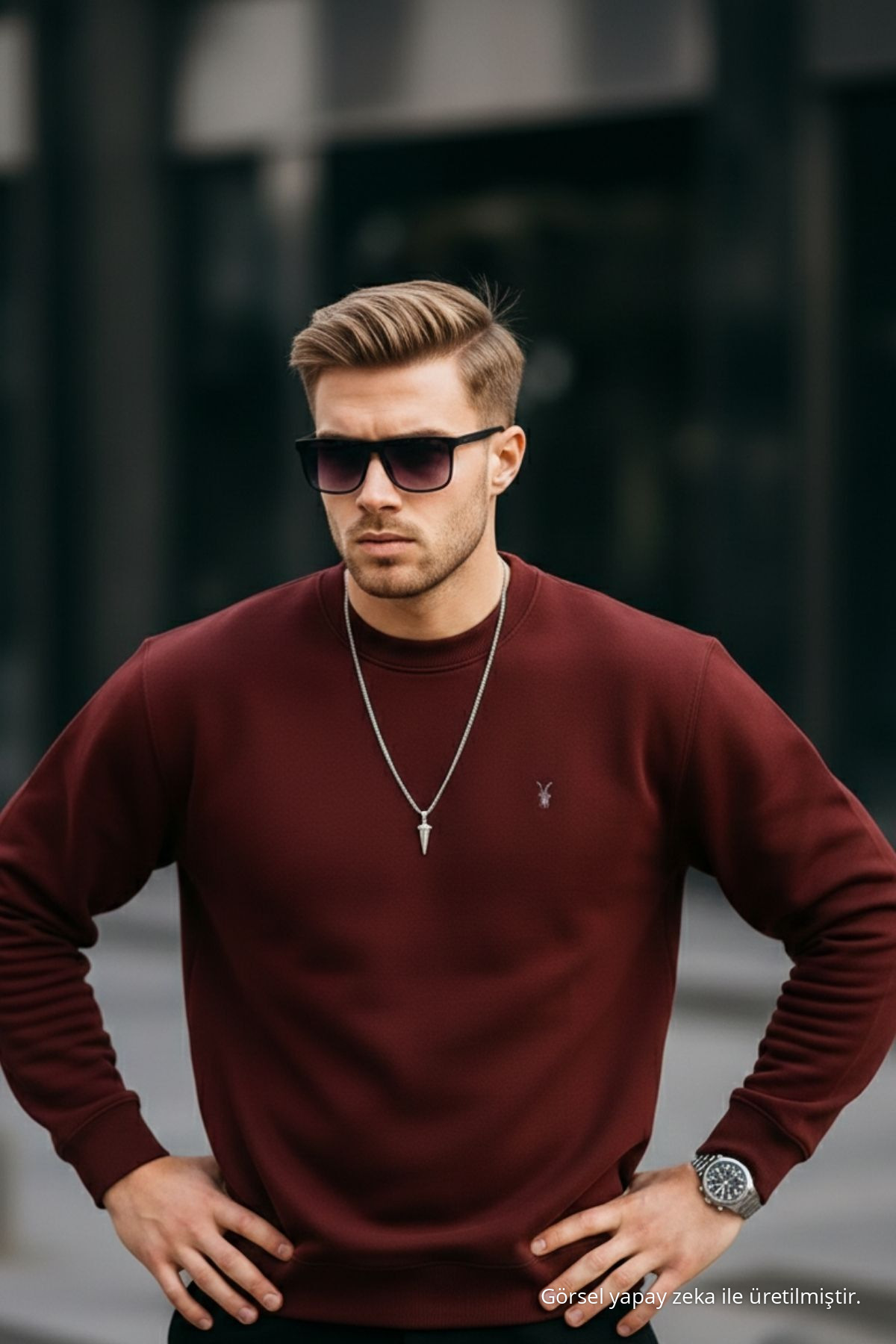 Bordo Renk Basic Bisiklet Yaka Relaxed Regular Erkek Sweatshirt 3