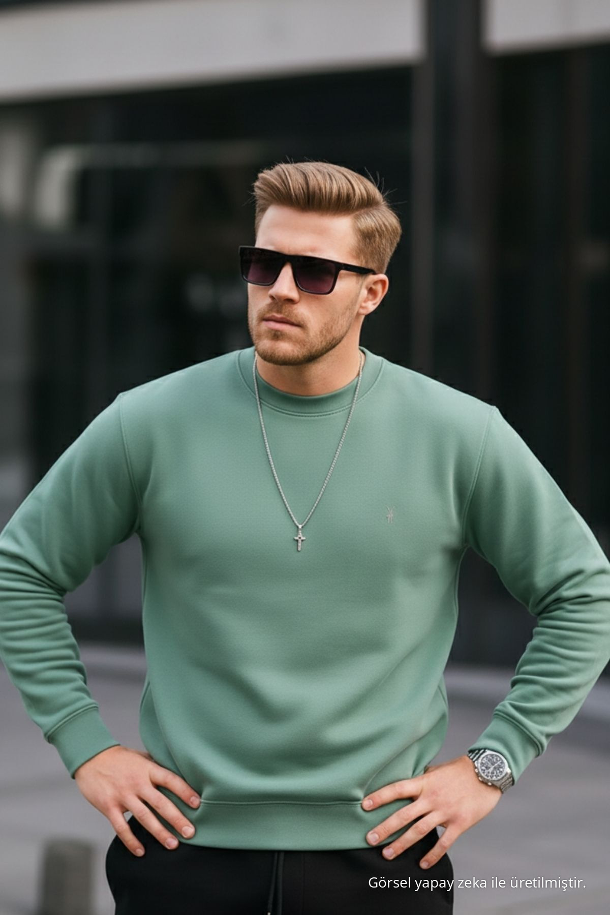 Çağla Renk Basic Bisiklet Yaka Relaxed Regular Erkek Sweatshirt 3