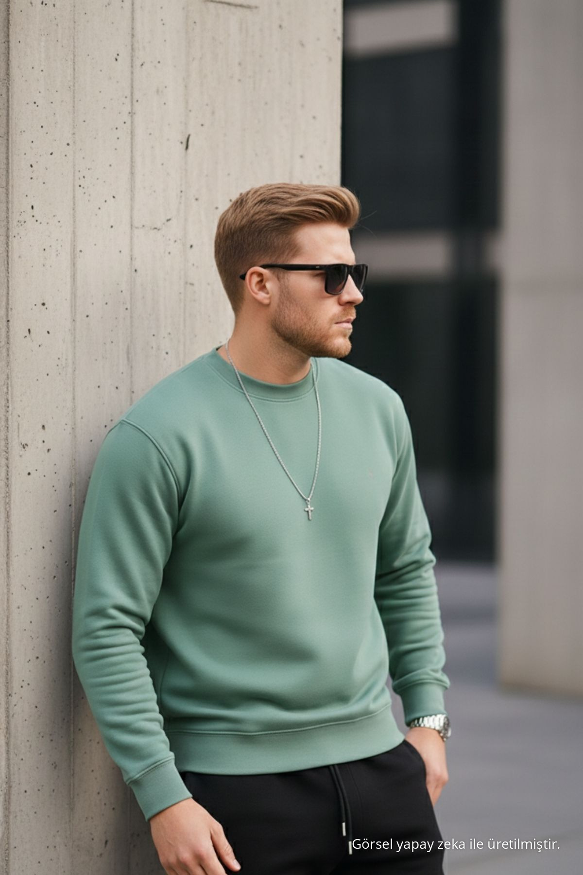 Çağla Renk Basic Bisiklet Yaka Relaxed Regular Erkek Sweatshirt 5