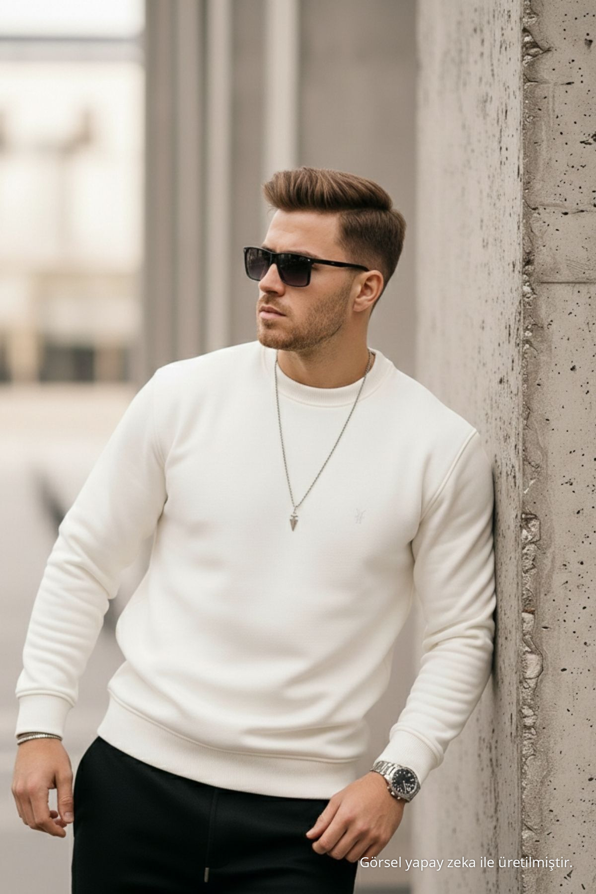 Ekru Renk Basic Bisiklet Yaka Relaxed Regular Erkek Sweatshirt 5