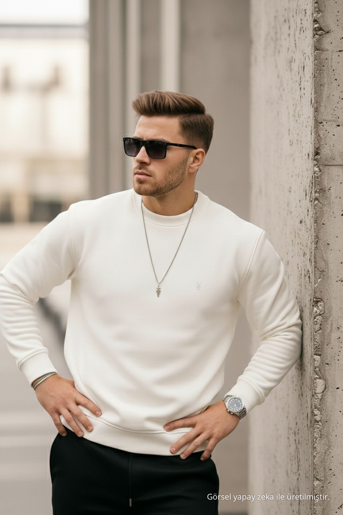 Ekru Renk Basic Bisiklet Yaka Relaxed Regular Erkek Sweatshirt 4