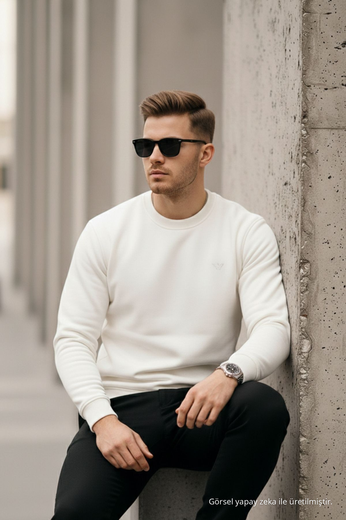Ekru Renk Basic Bisiklet Yaka Relaxed Regular Erkek Sweatshirt 6