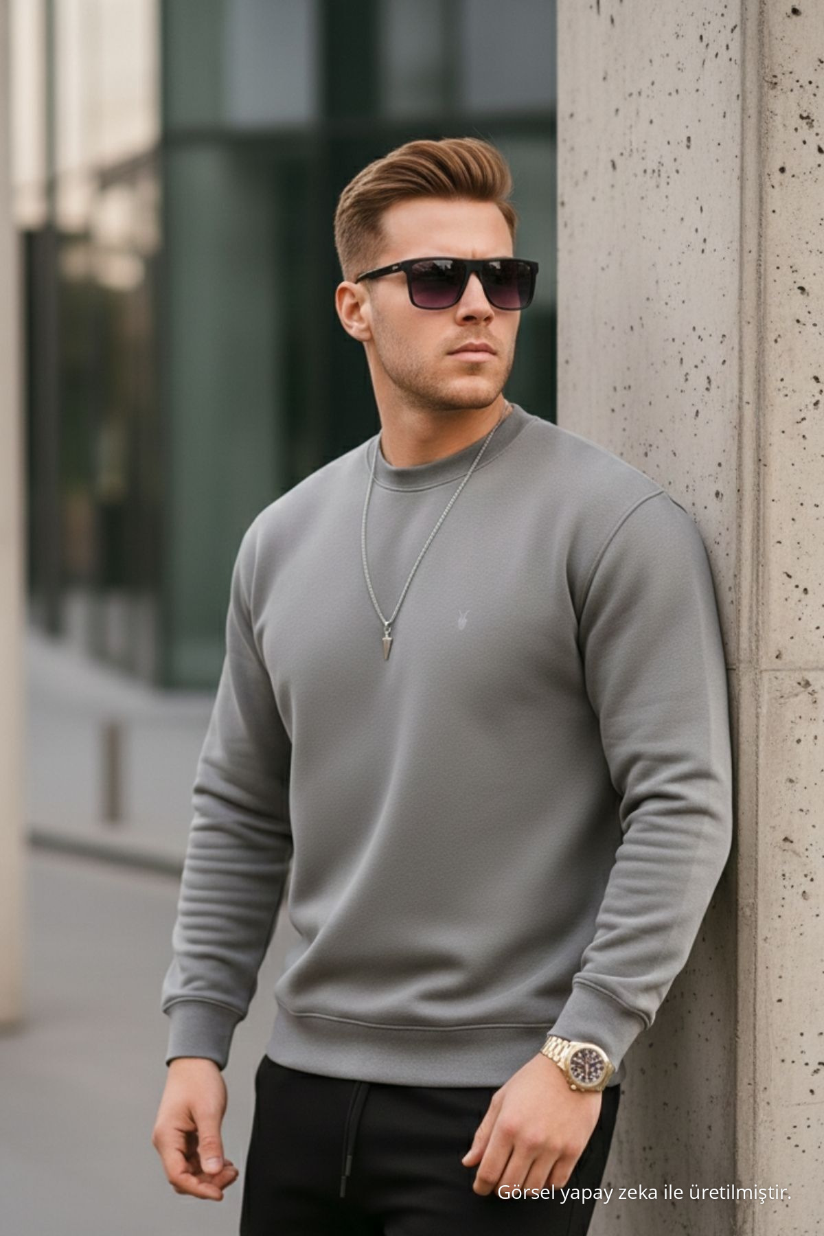 GRİ Renk Basic Bisiklet Yaka Relaxed Regular Erkek Sweatshirt 5