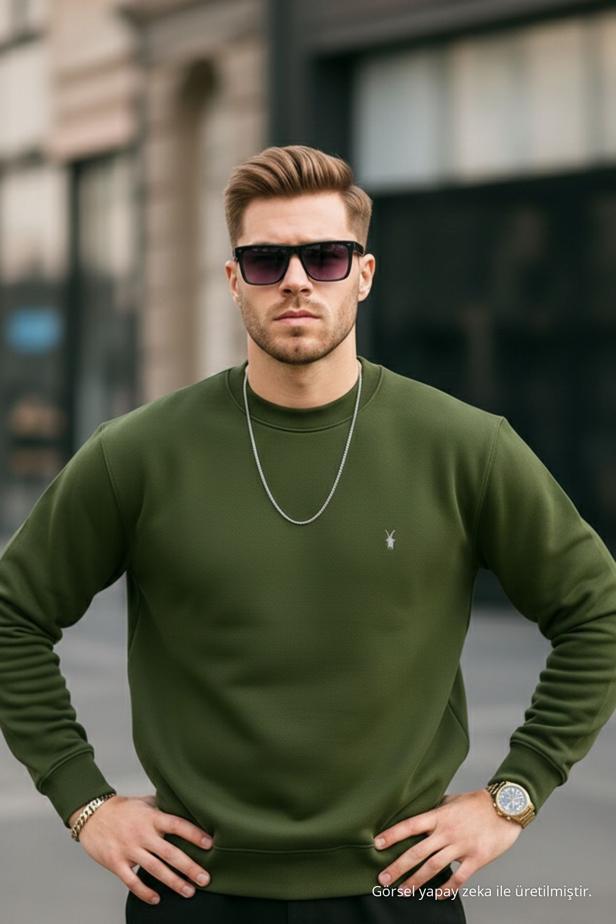 HAKİ Renk Basic Bisiklet Yaka Relaxed Regular Erkek Sweatshirt 3