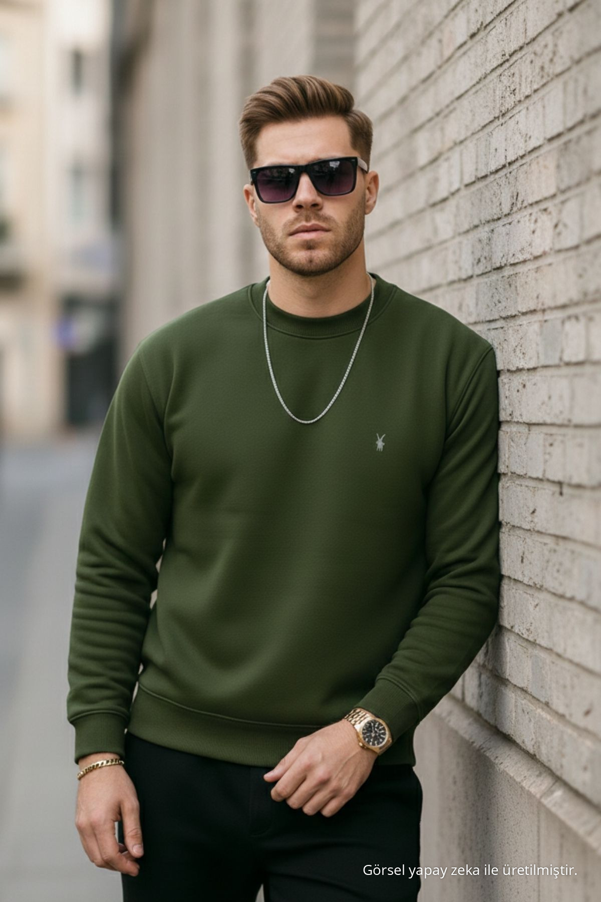 HAKİ Renk Basic Bisiklet Yaka Relaxed Regular Erkek Sweatshirt 5