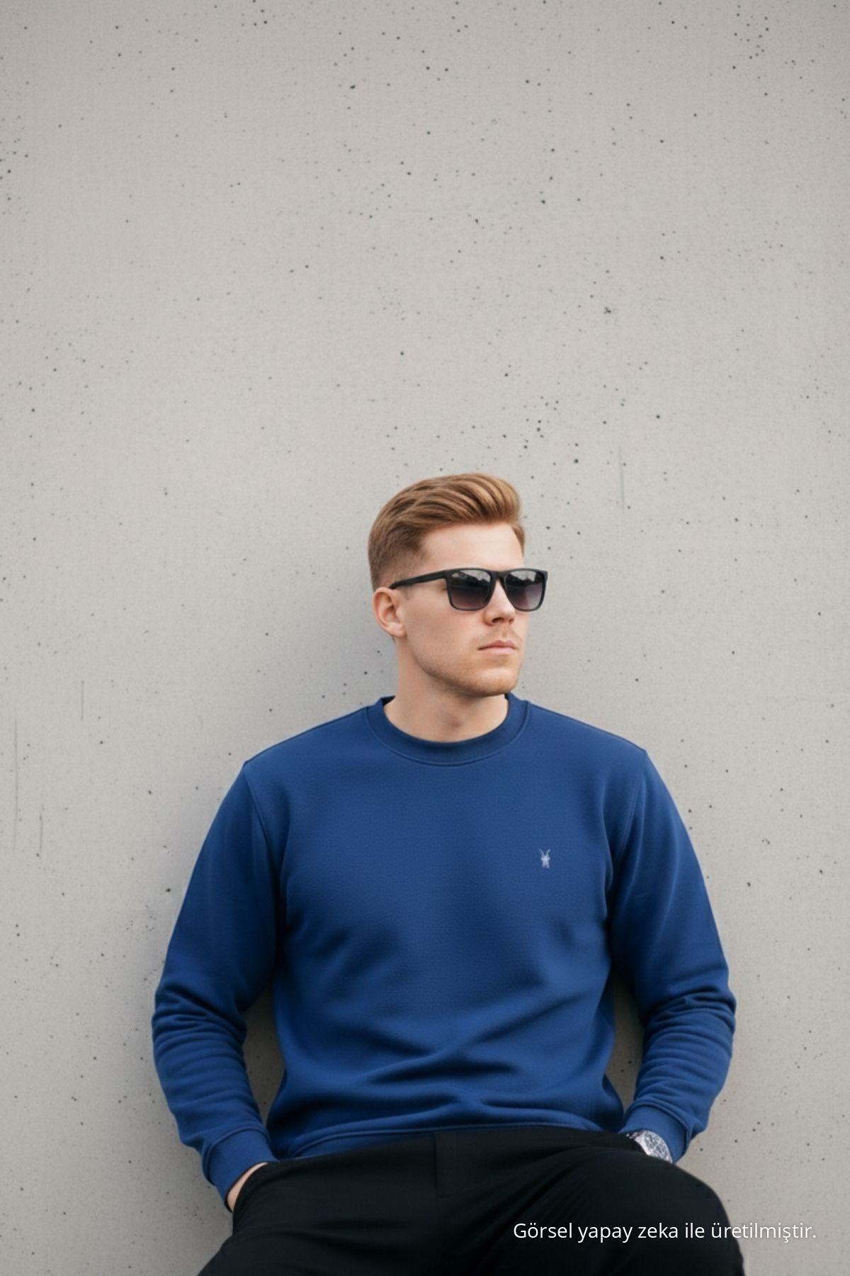 İndigo Renk Basic Bisiklet Yaka Relaxed Regular Erkek Sweatshirt 6
