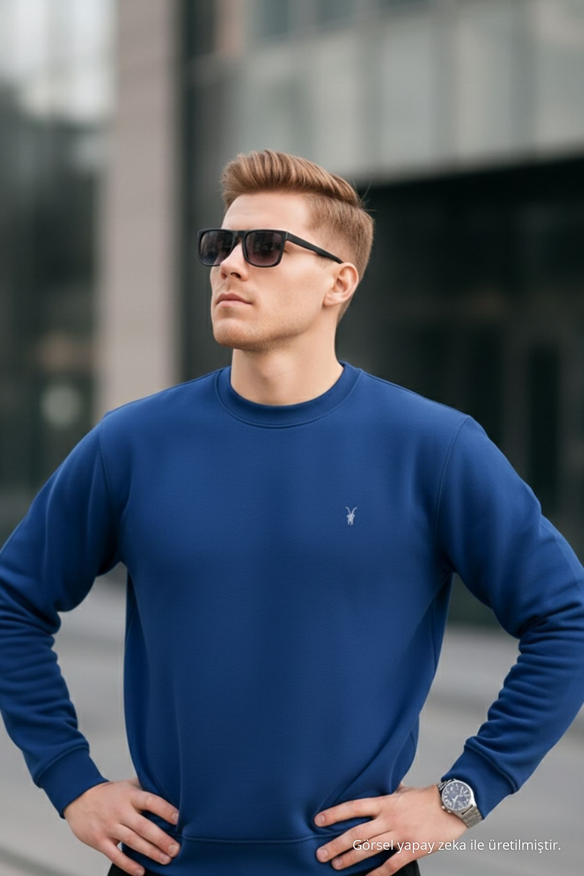 İndigo Renk Basic Bisiklet Yaka Relaxed Regular Erkek Sweatshirt 3