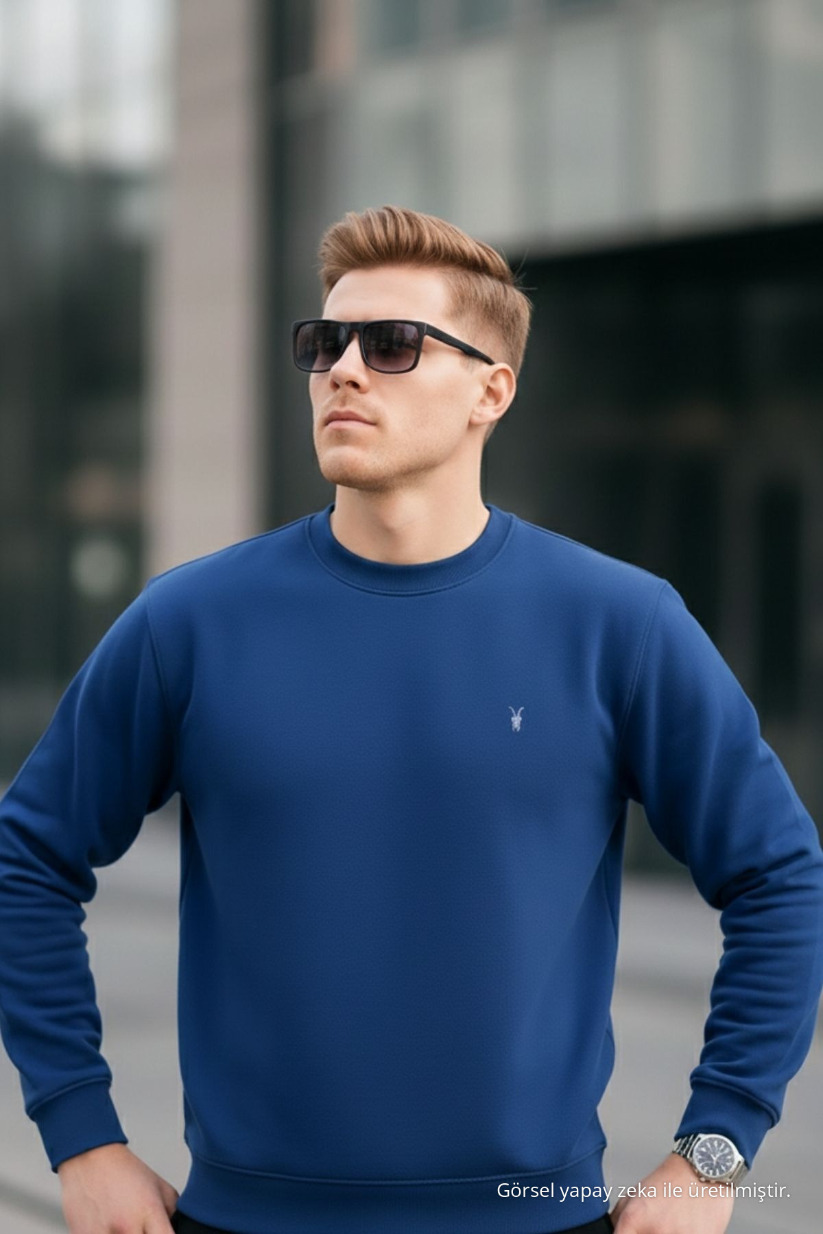 İndigo Renk Basic Bisiklet Yaka Relaxed Regular Erkek Sweatshirt 4
