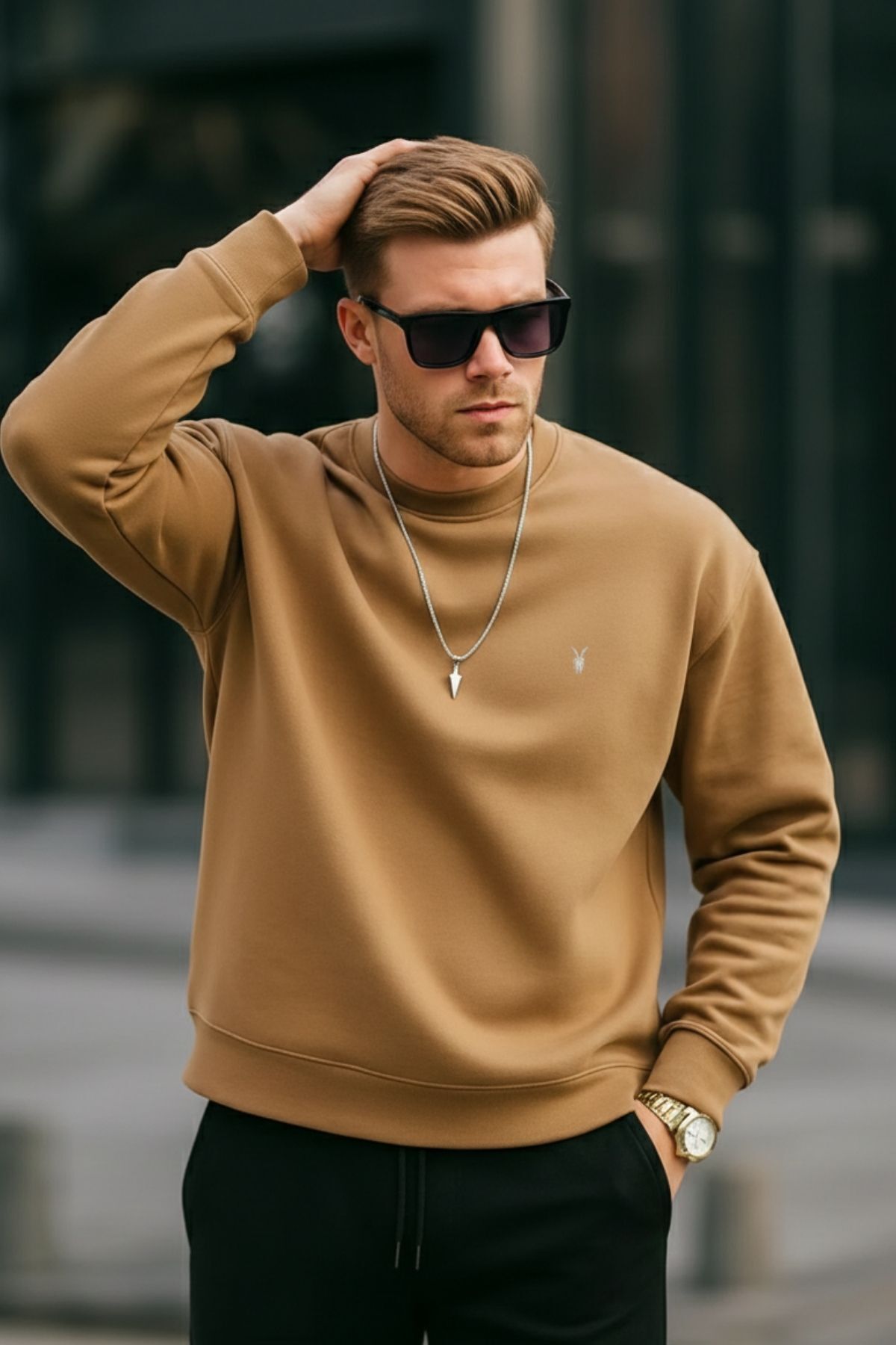 Karamel Renk Erkek Bisiklet Yaka Sweatshirt 3