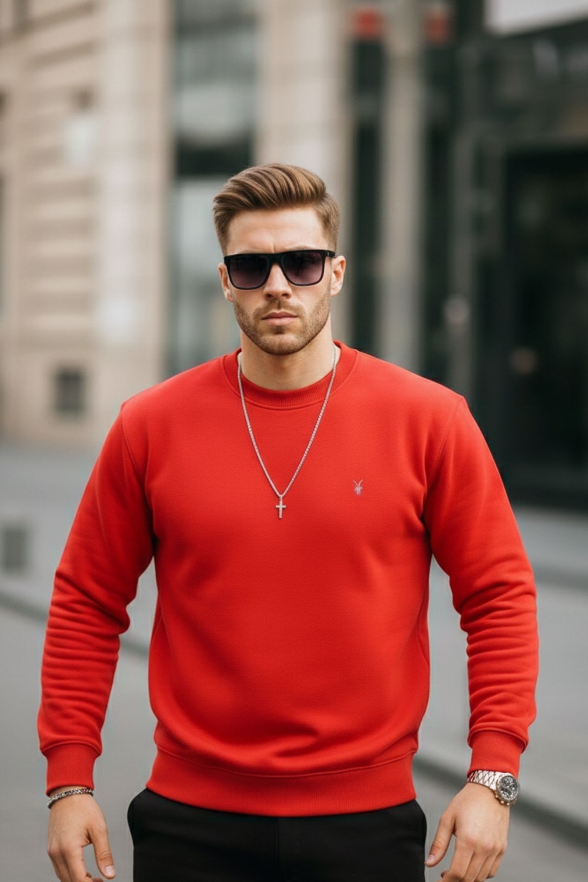 KIRMIZI Renk Erkek Bisiklet Yaka Sweatshirt 3