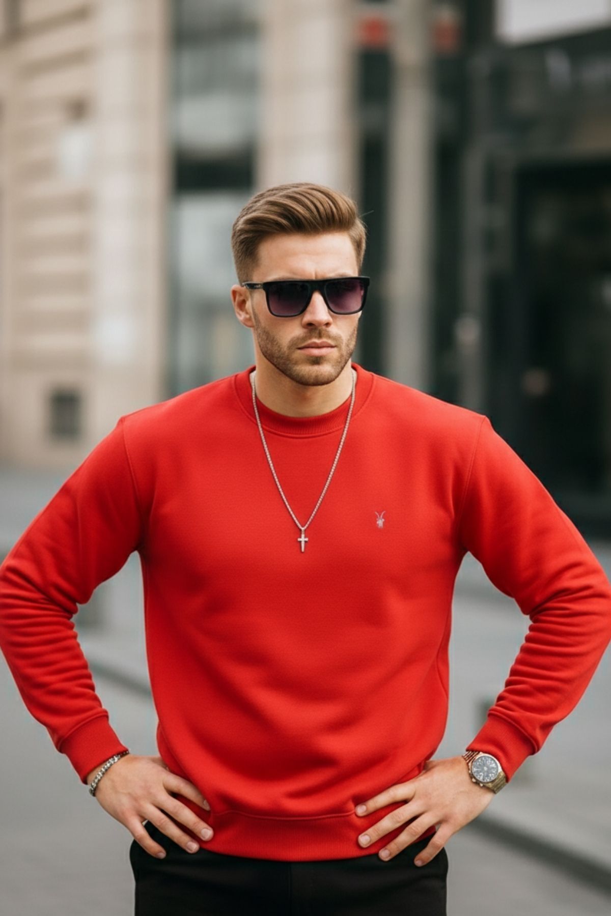 KIRMIZI Renk Erkek Bisiklet Yaka Sweatshirt 5